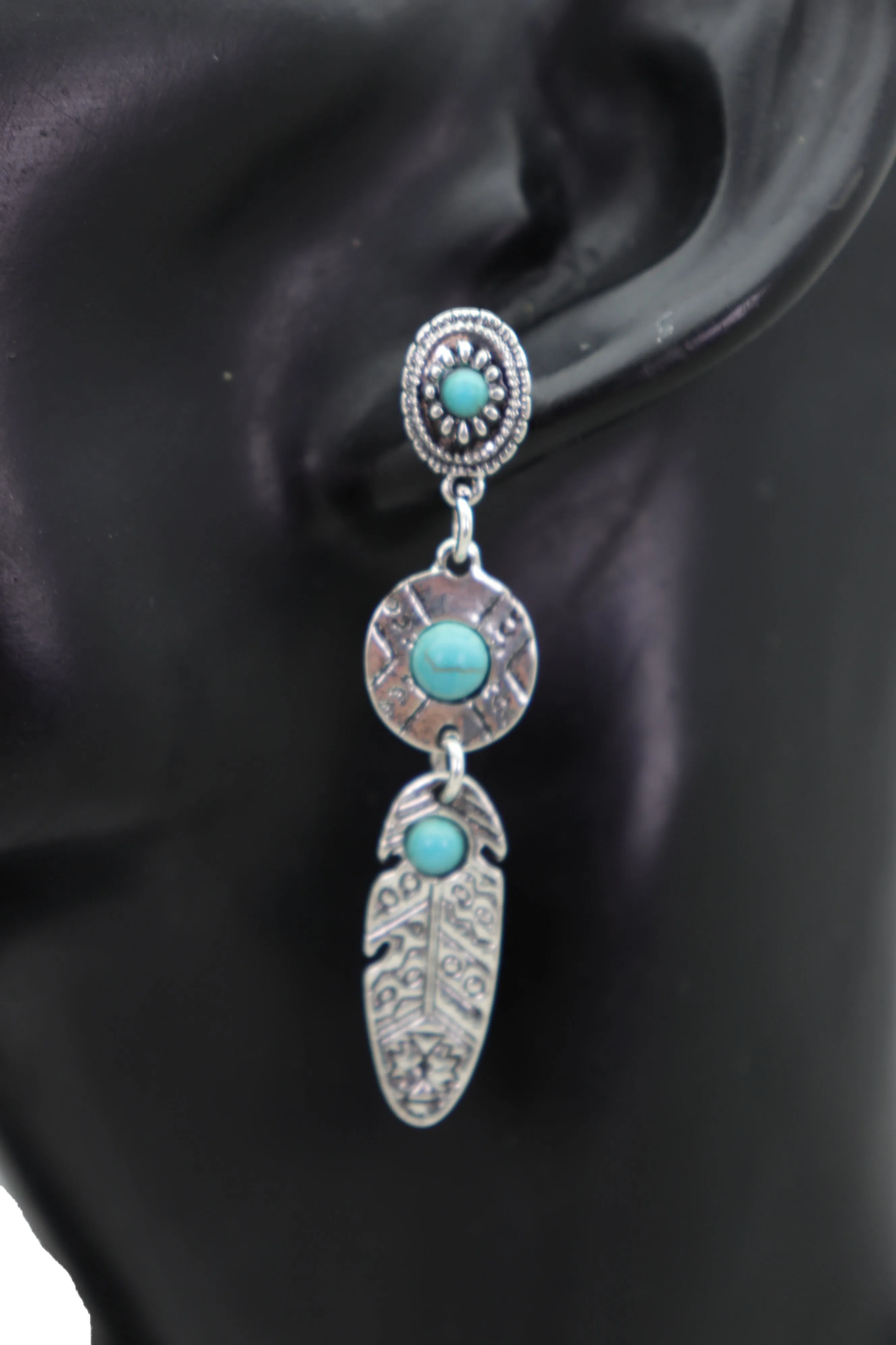 Earrings Ethnic Silver Metal Native Feathers Jewelry Turquoise Blue Beads