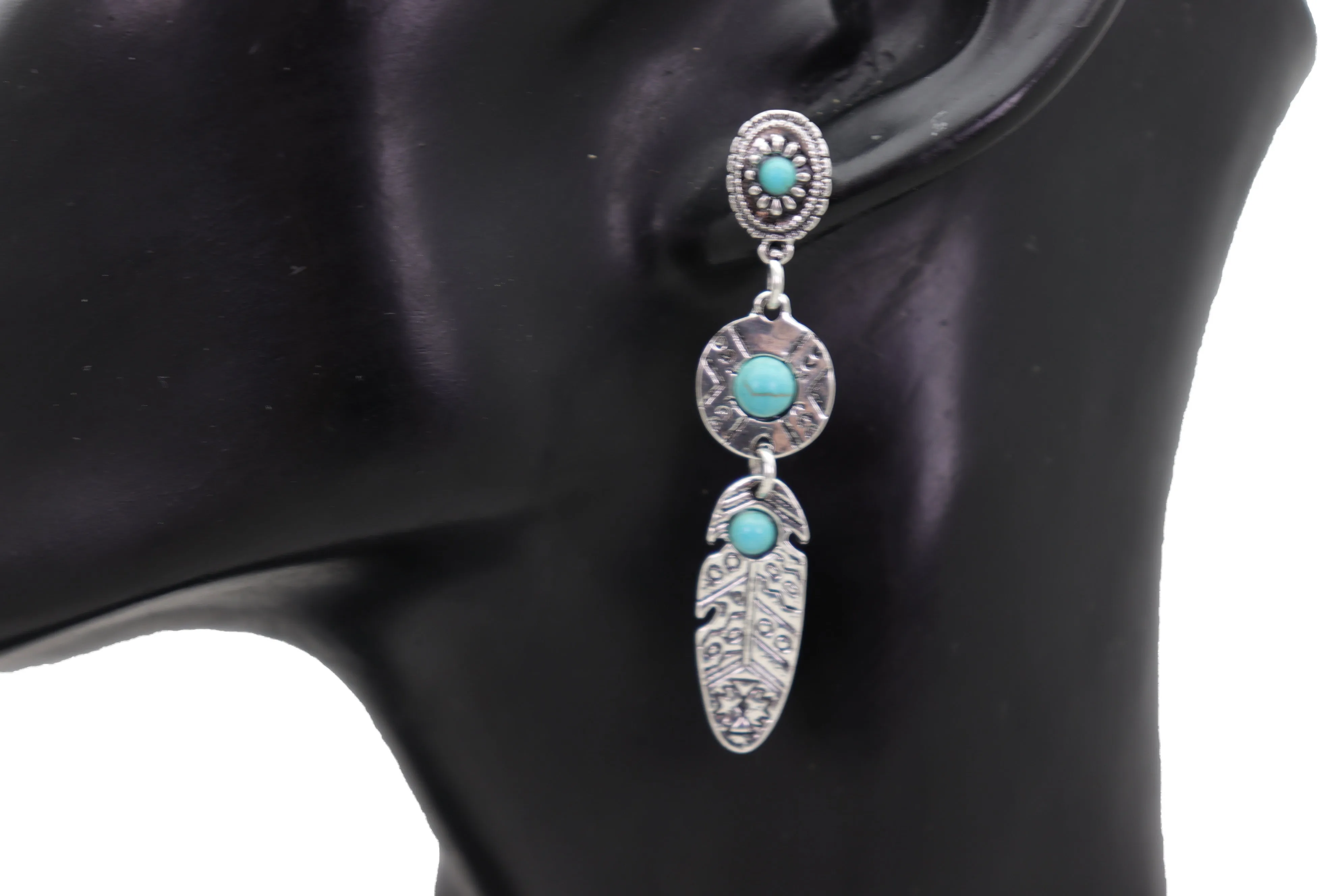 Earrings Ethnic Silver Metal Native Feathers Jewelry Turquoise Blue Beads