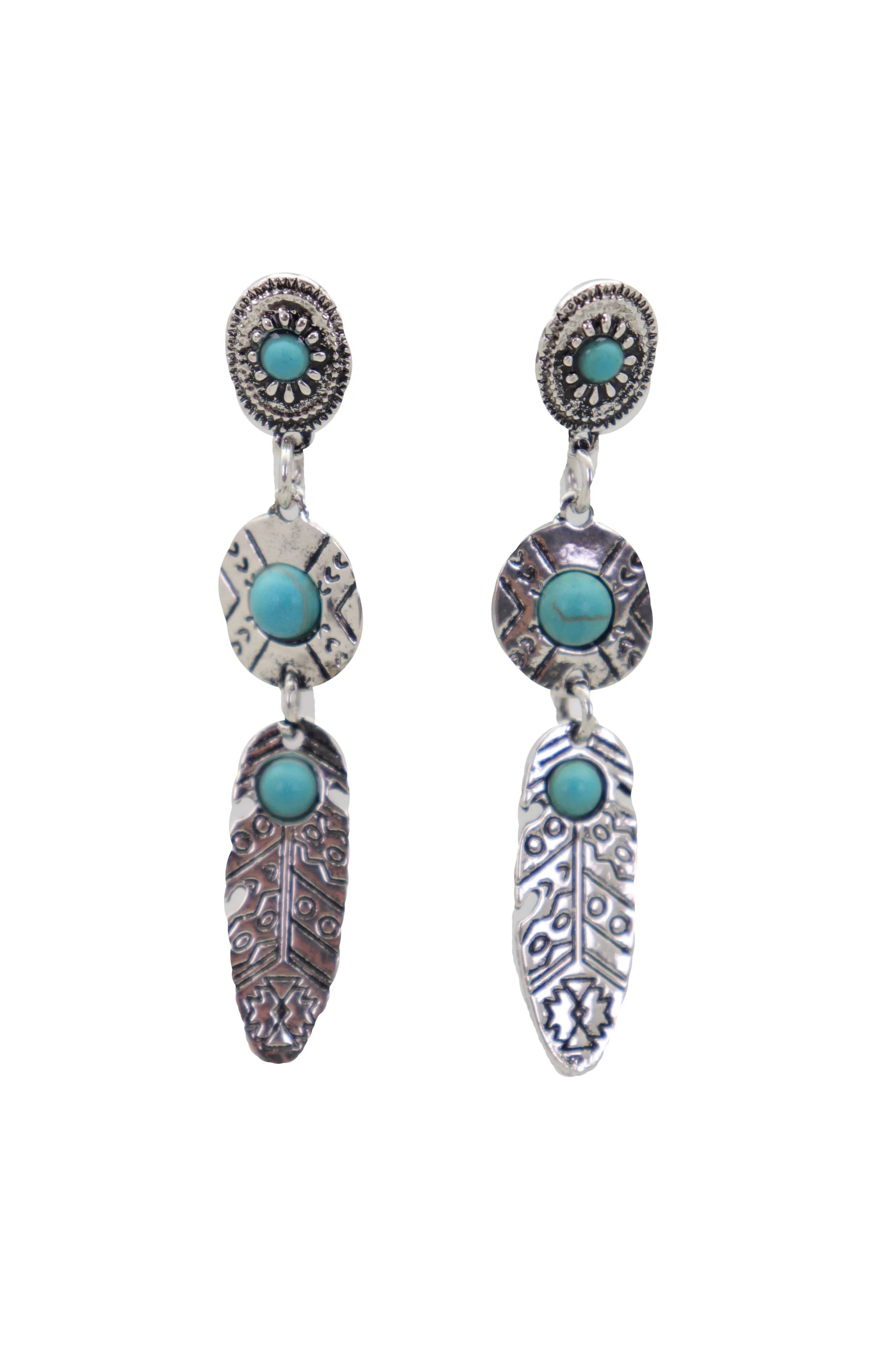 Earrings Ethnic Silver Metal Native Feathers Jewelry Turquoise Blue Beads