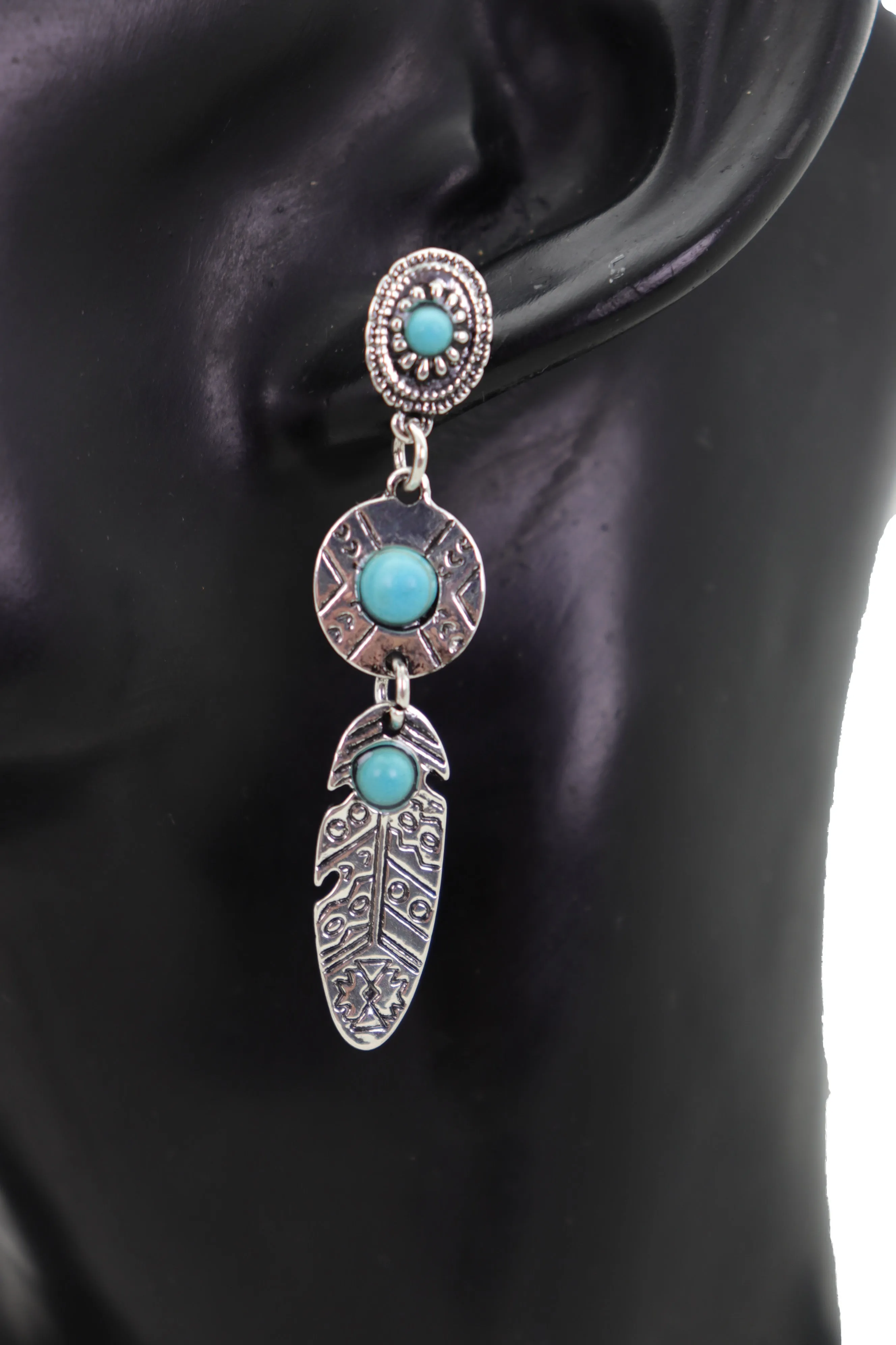 Earrings Ethnic Silver Metal Native Feathers Jewelry Turquoise Blue Beads