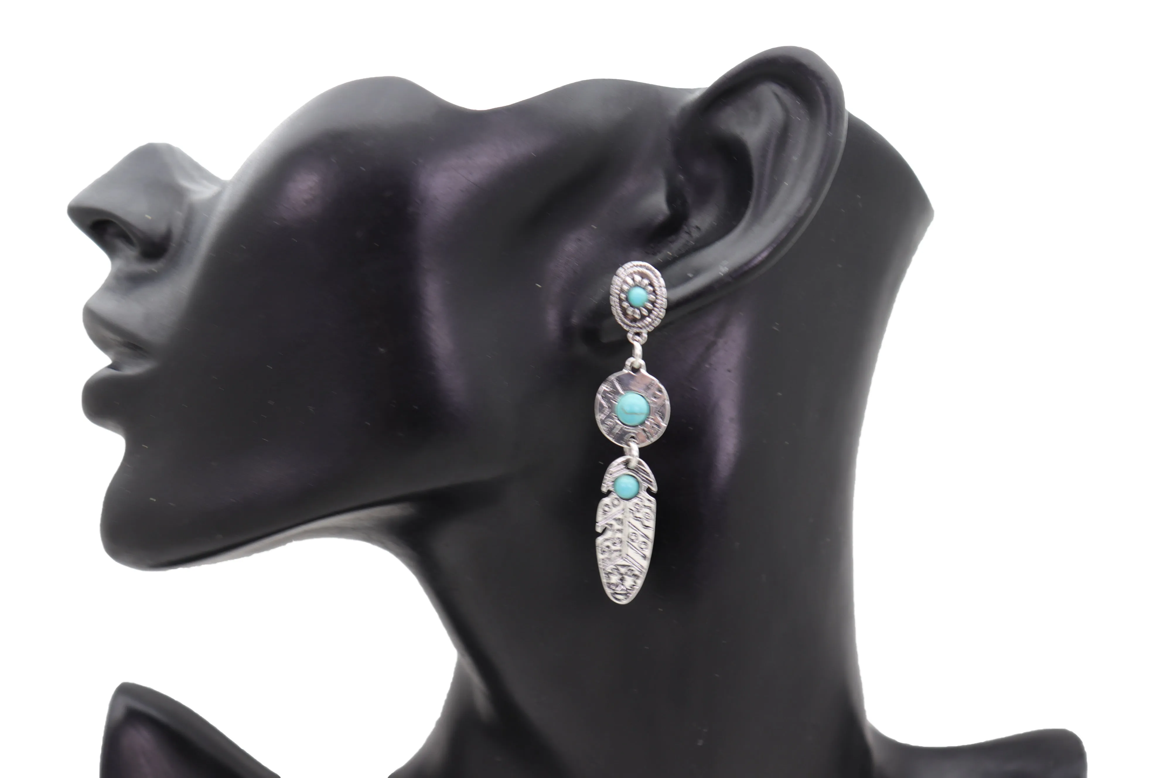 Earrings Ethnic Silver Metal Native Feathers Jewelry Turquoise Blue Beads