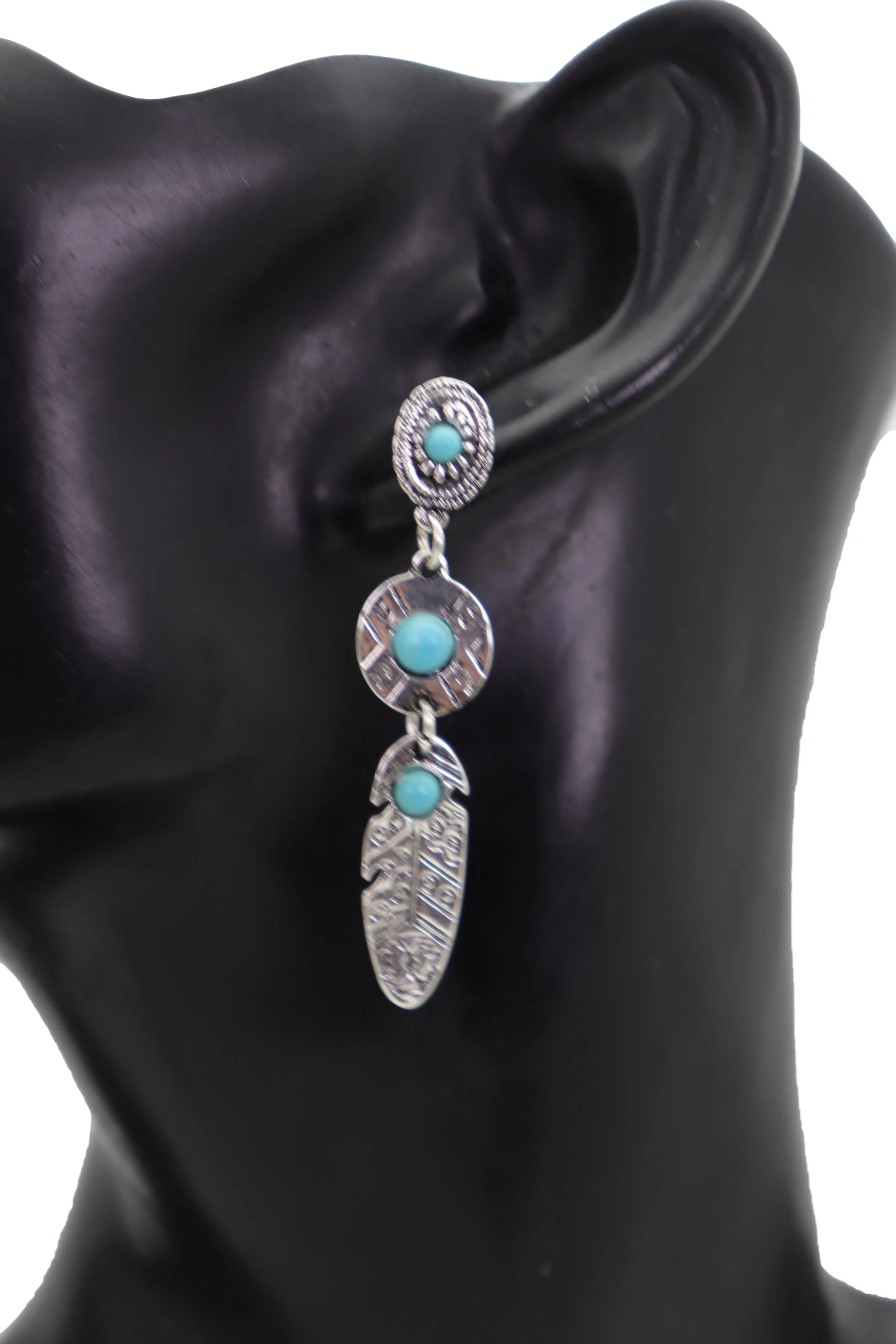 Earrings Ethnic Silver Metal Native Feathers Jewelry Turquoise Blue Beads