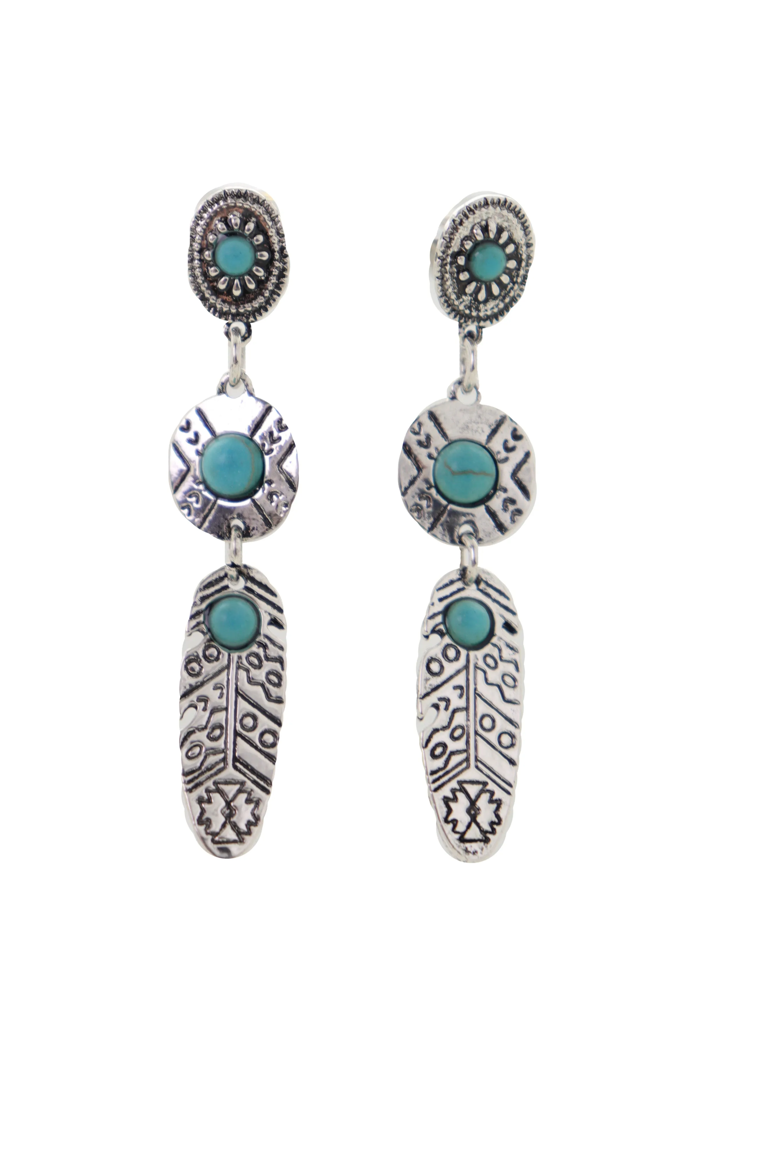 Earrings Ethnic Silver Metal Native Feathers Jewelry Turquoise Blue Beads