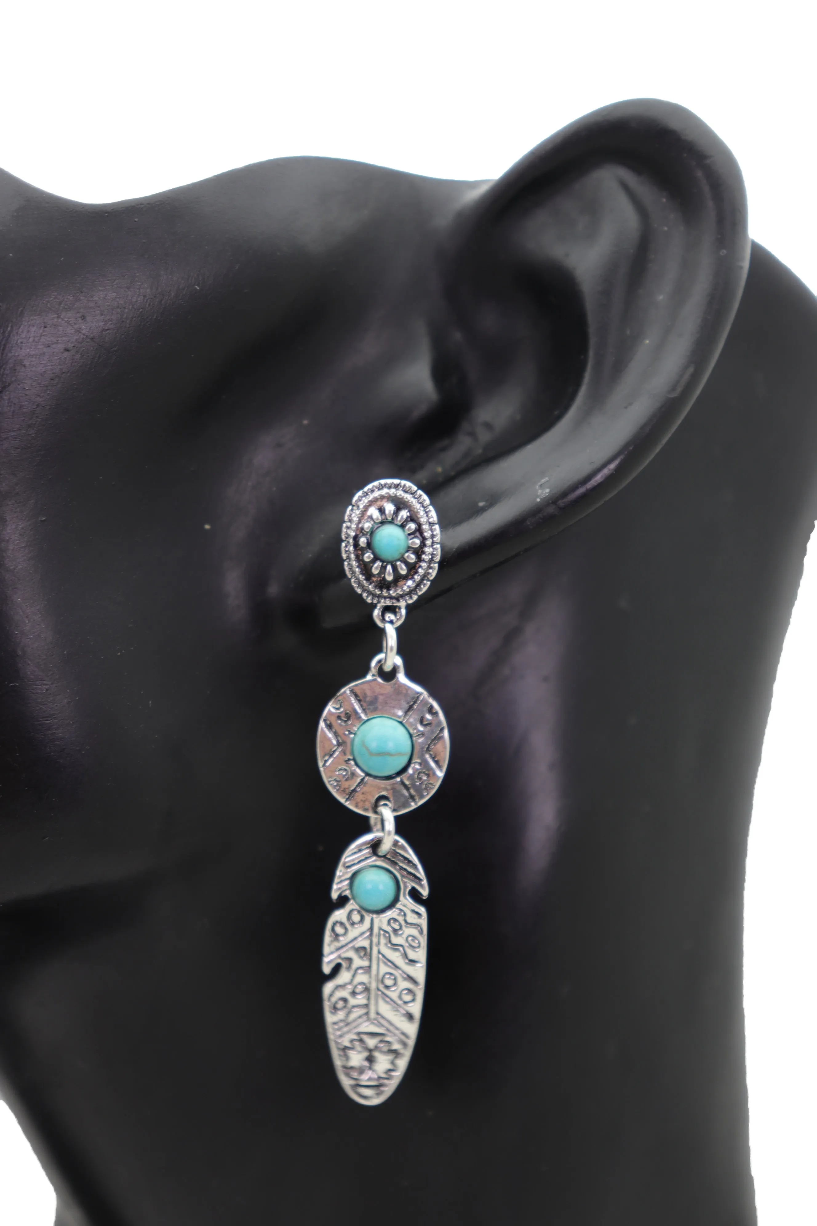 Earrings Ethnic Silver Metal Native Feathers Jewelry Turquoise Blue Beads