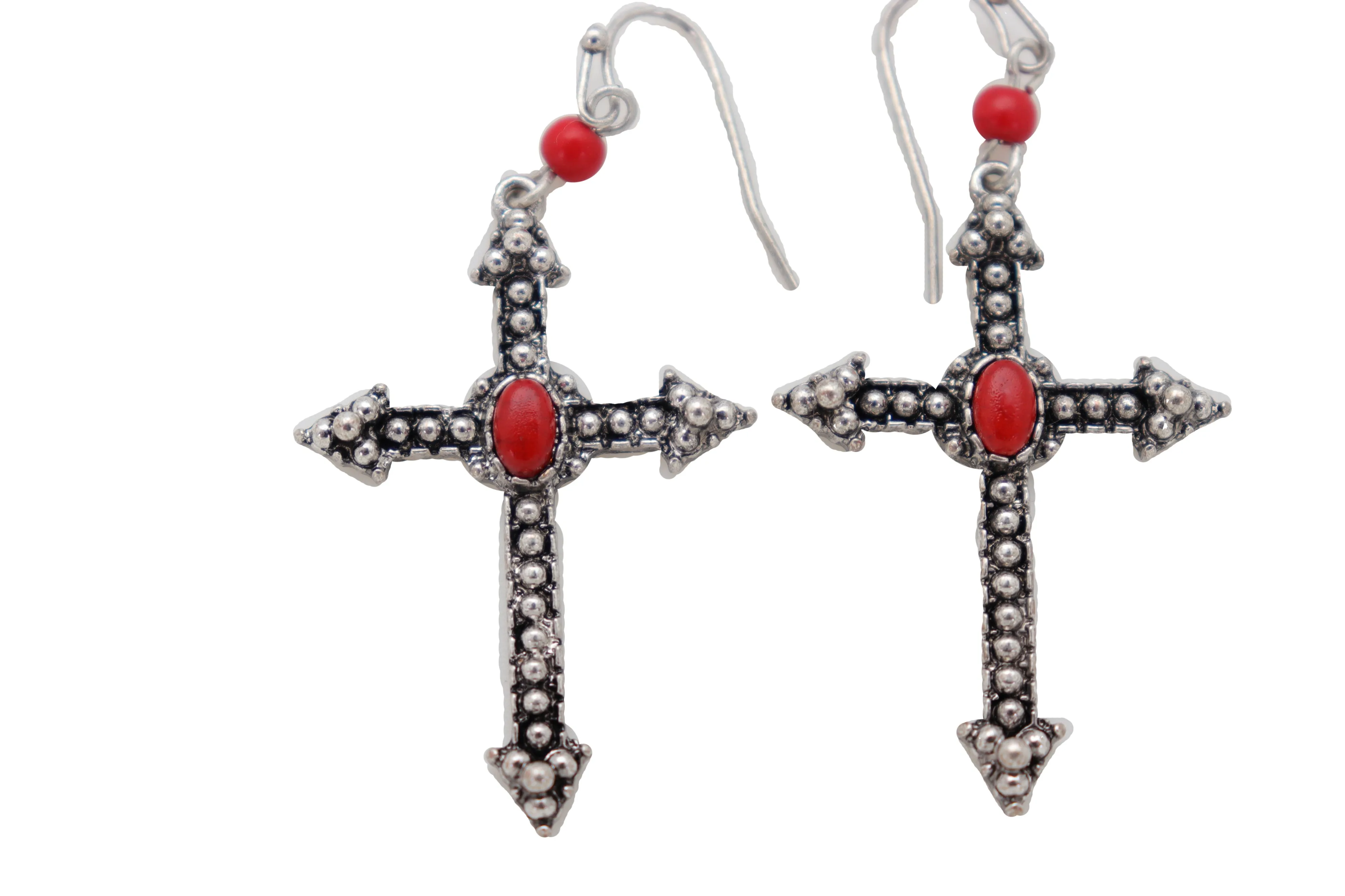 Earrings Set Antique Silver Metal Pointy Cross Religious Red