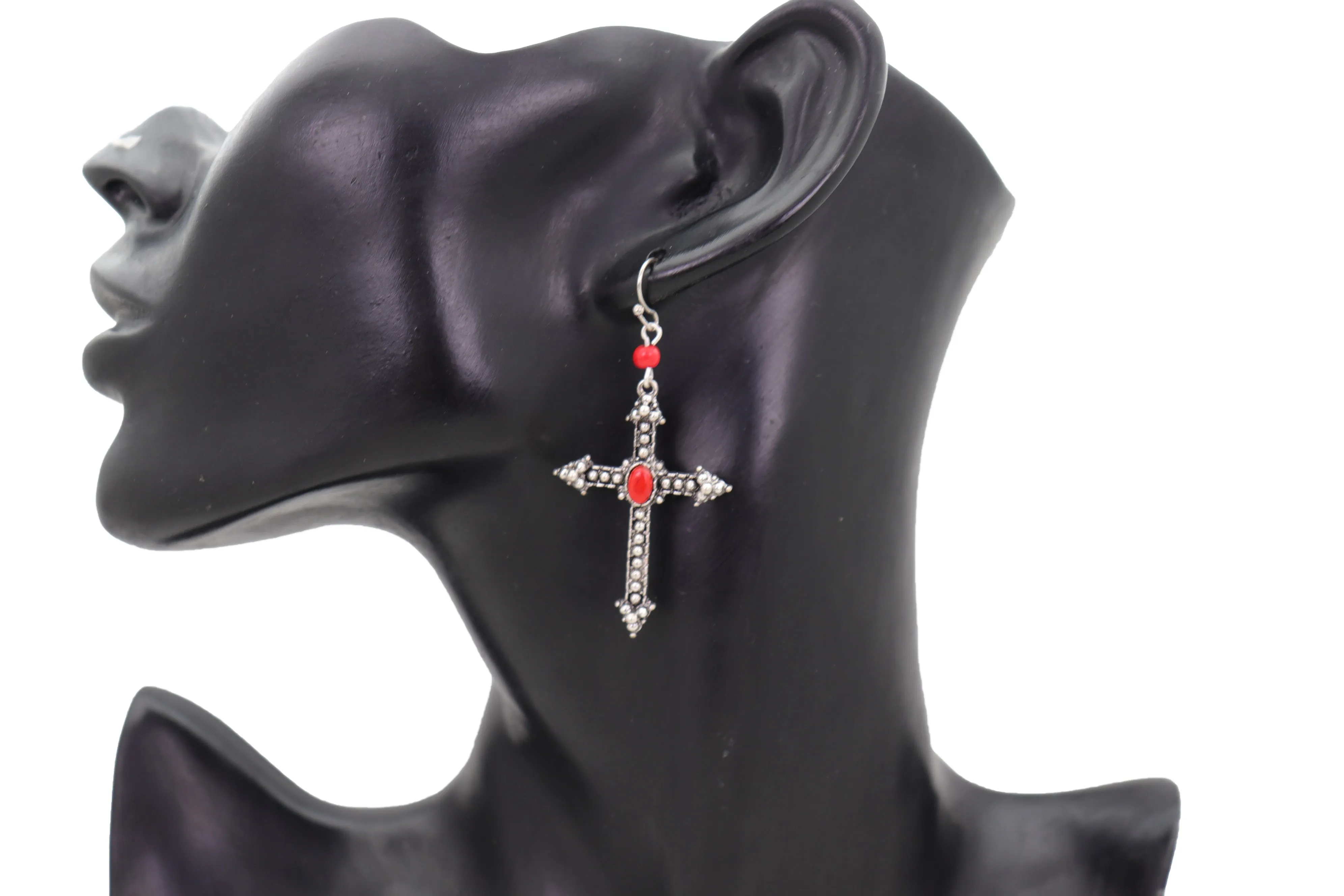 Earrings Set Antique Silver Metal Pointy Cross Religious Red