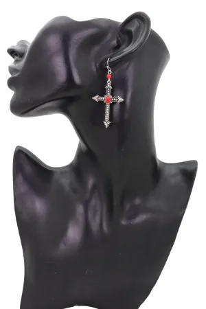 Earrings Set Antique Silver Metal Pointy Cross Religious Red