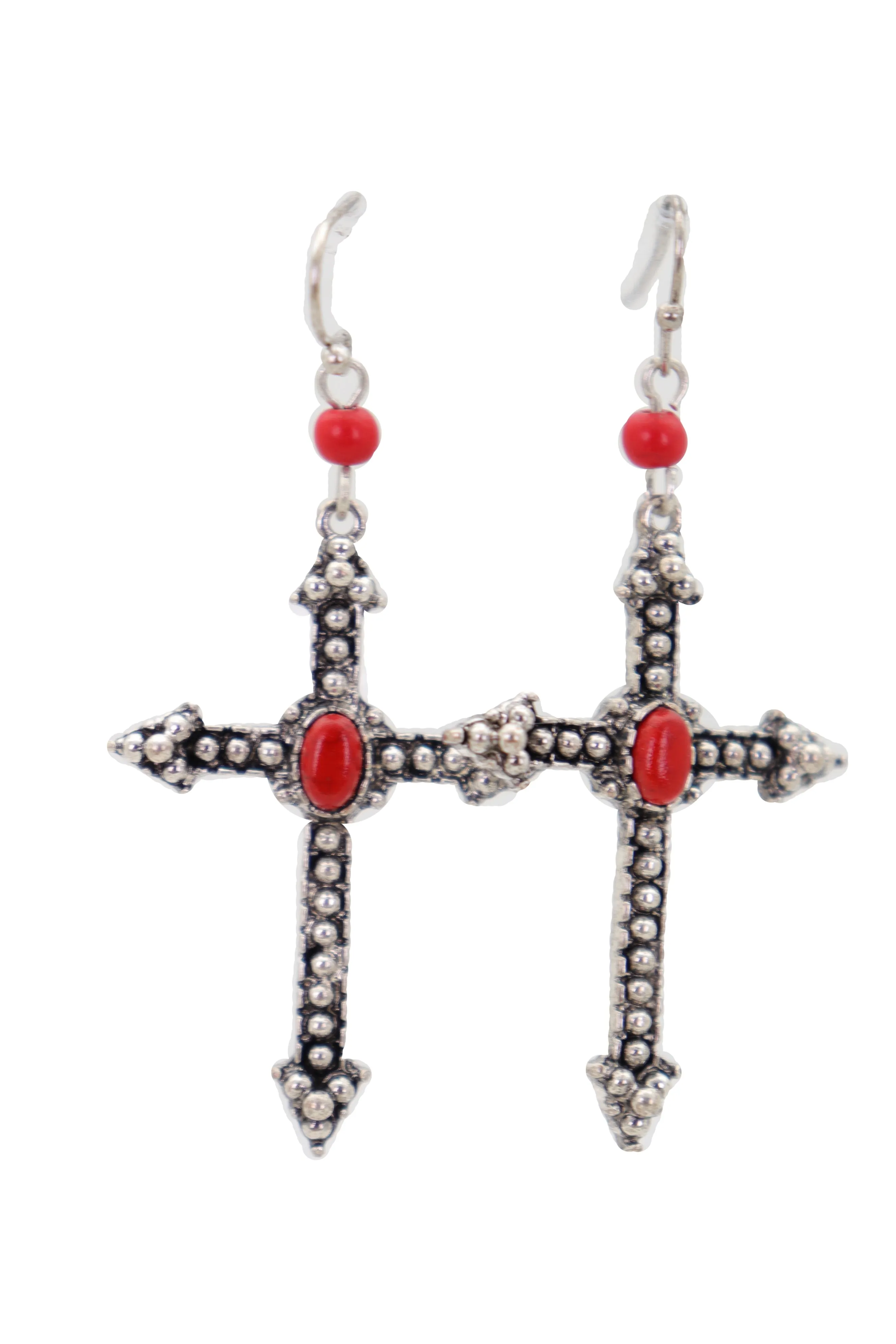 Earrings Set Antique Silver Metal Pointy Cross Religious Red