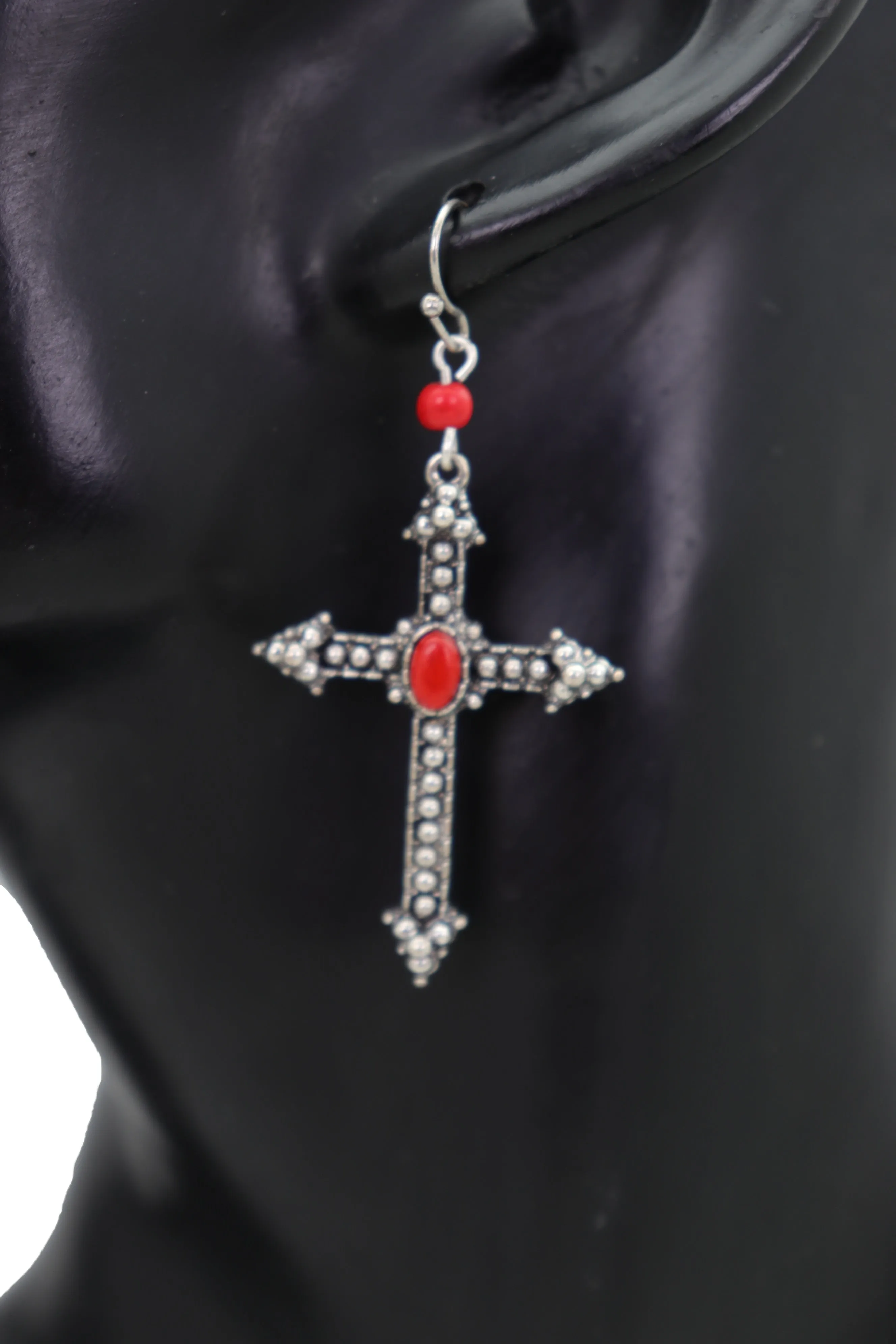 Earrings Set Antique Silver Metal Pointy Cross Religious Red