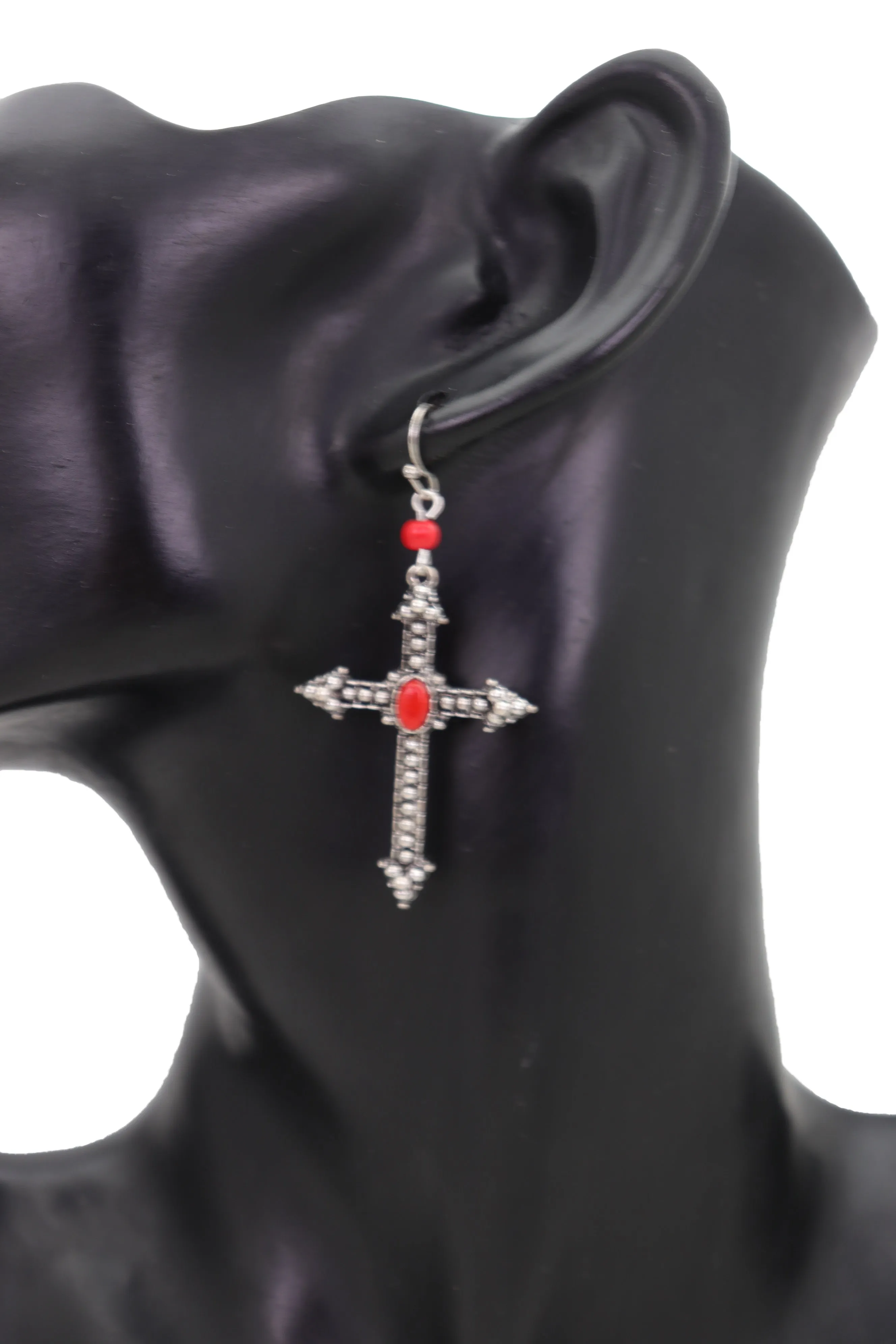 Earrings Set Antique Silver Metal Pointy Cross Religious Red