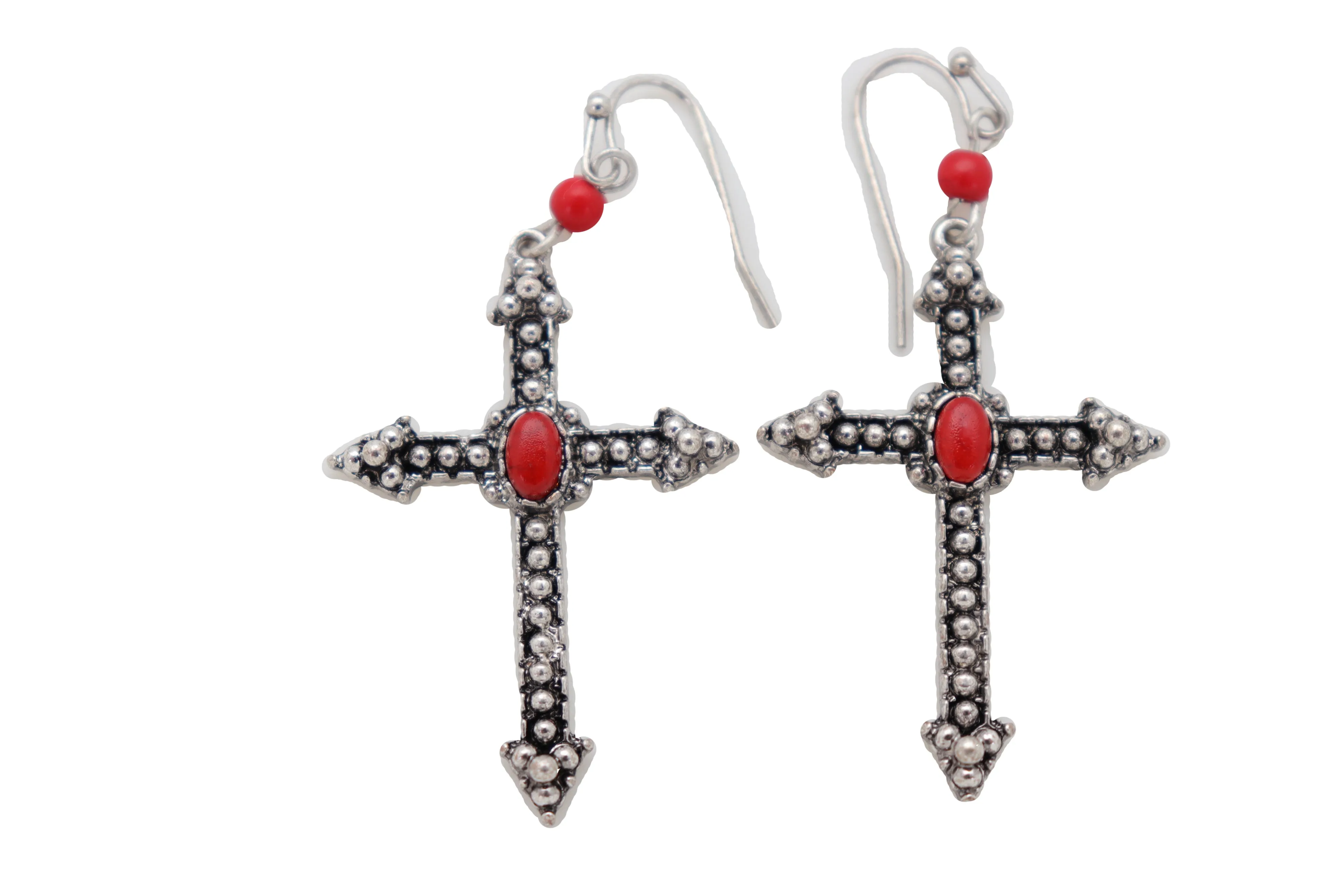 Earrings Set Antique Silver Metal Pointy Cross Religious Red