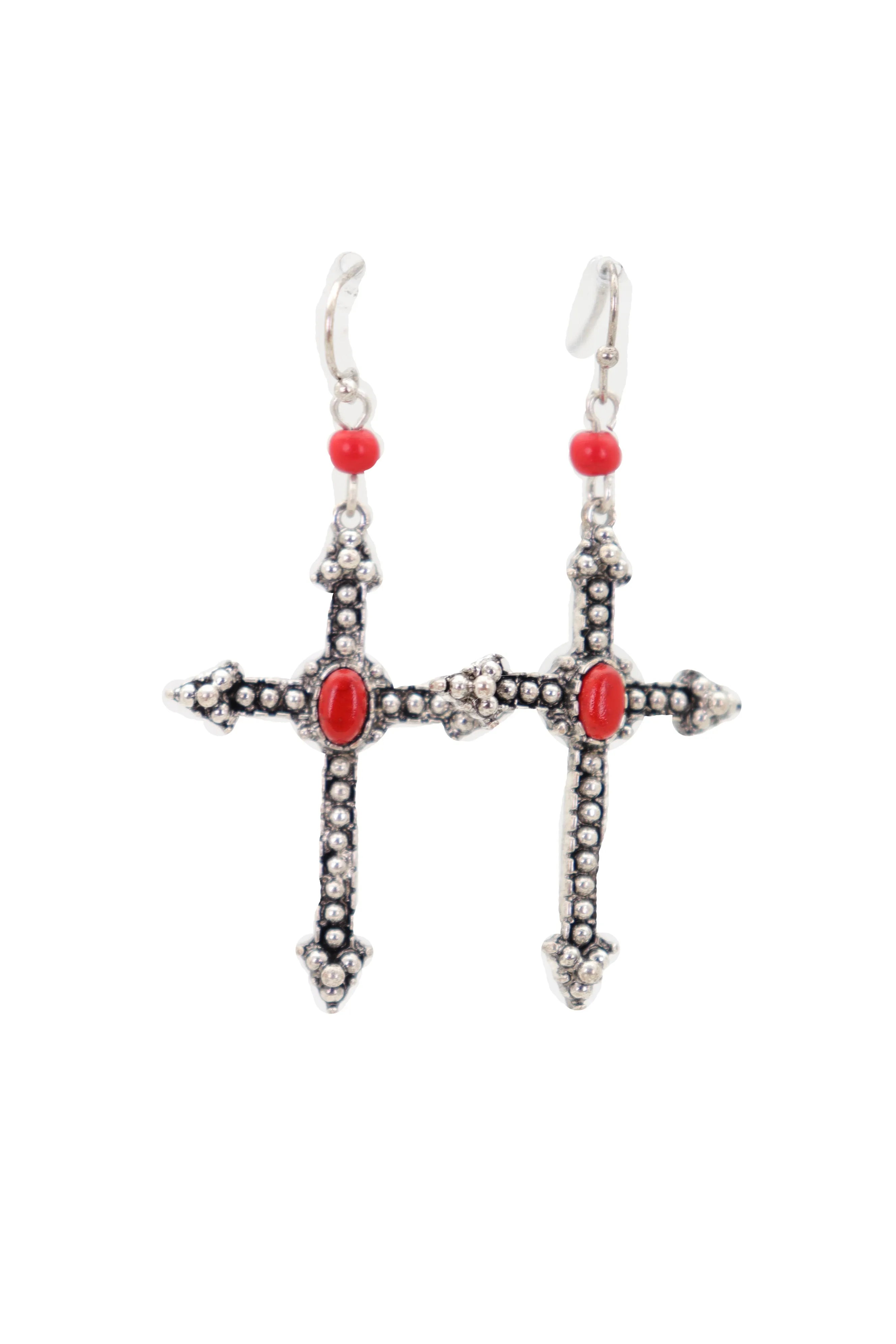 Earrings Set Antique Silver Metal Pointy Cross Religious Red