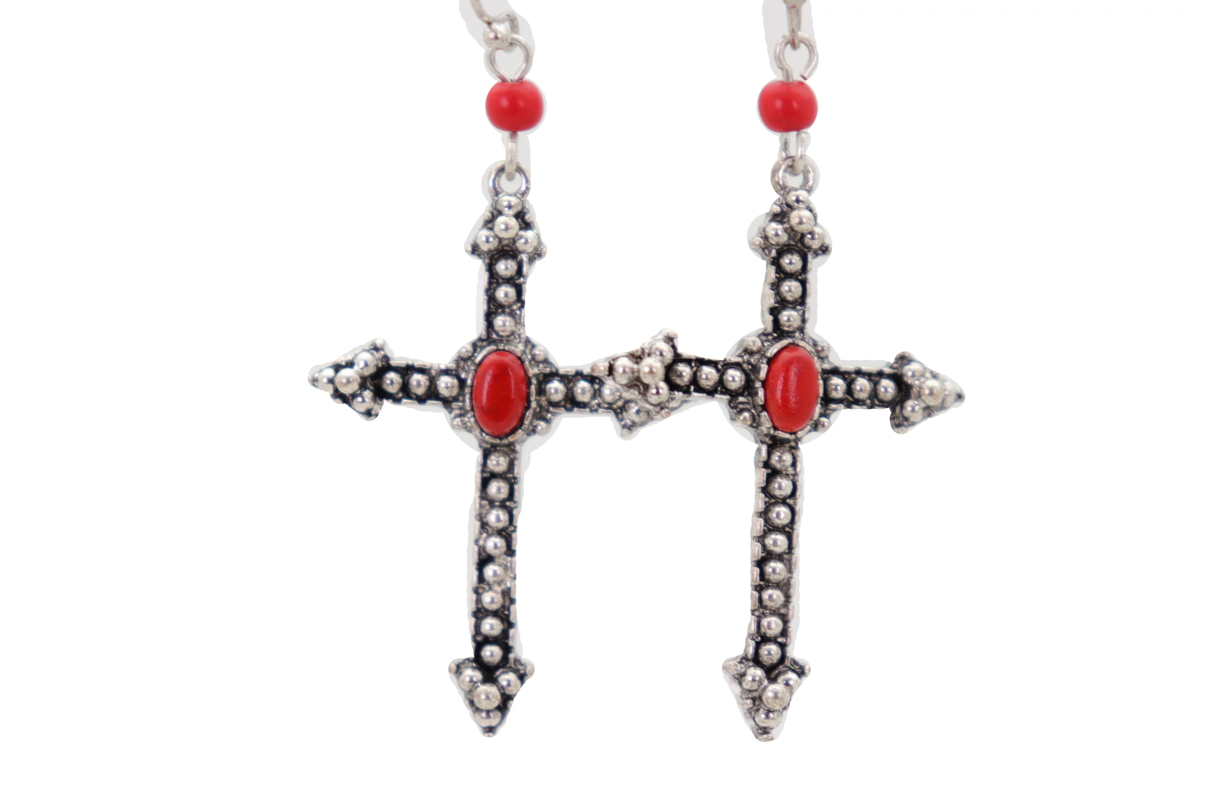 Earrings Set Antique Silver Metal Pointy Cross Religious Red