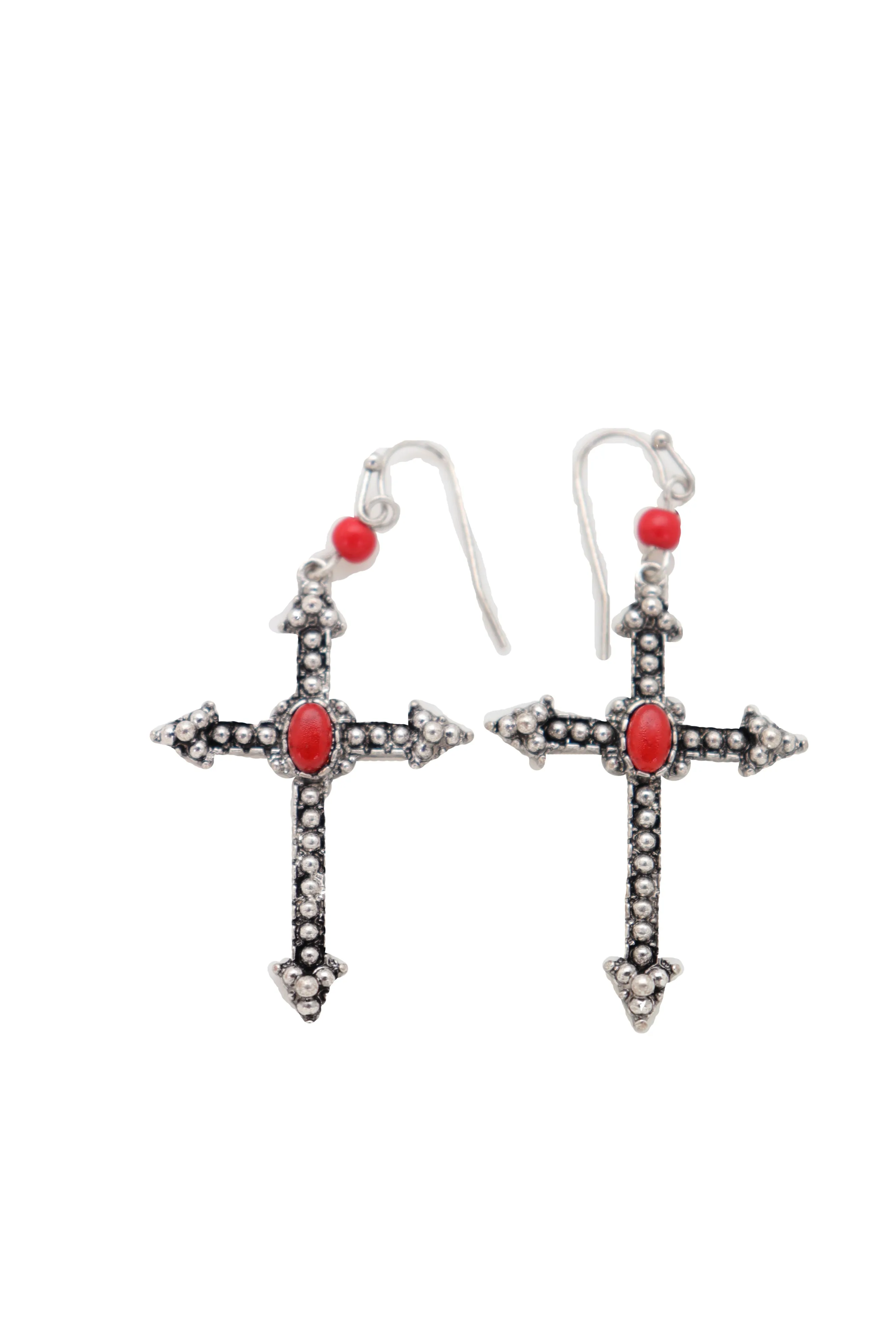 Earrings Set Antique Silver Metal Pointy Cross Religious Red