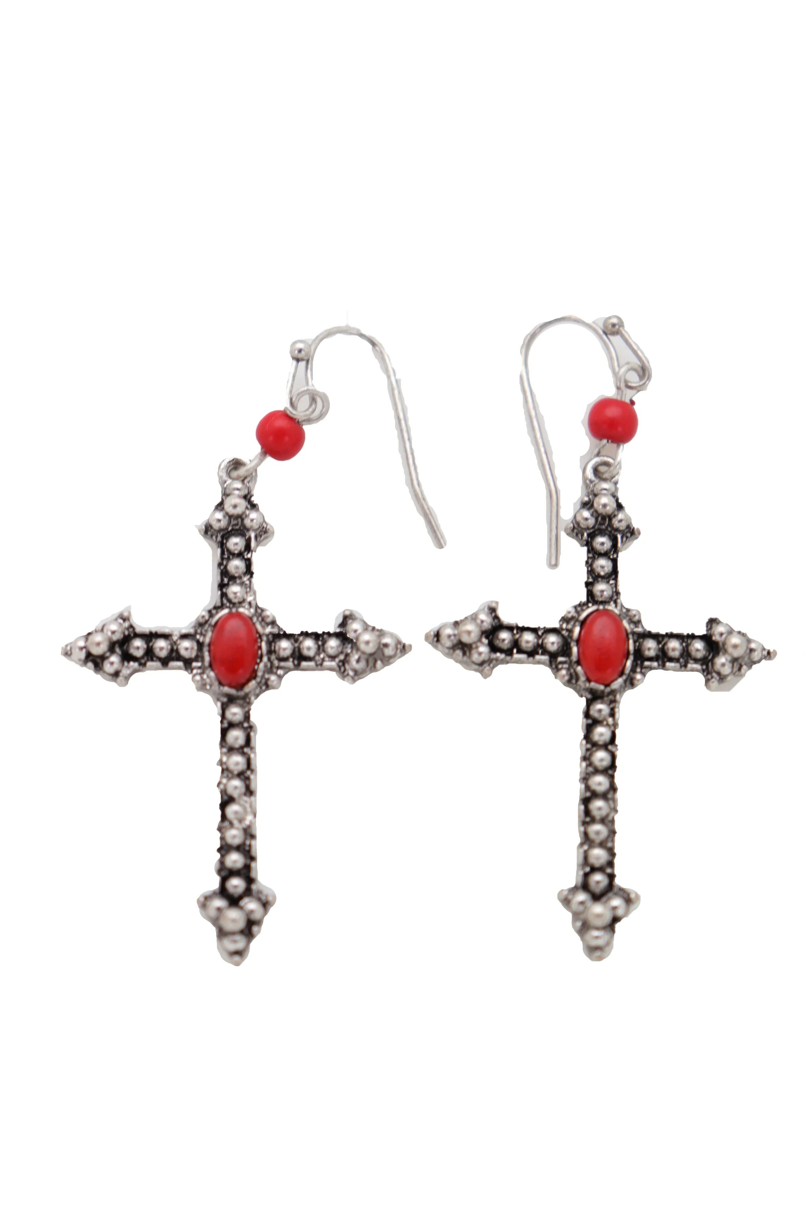 Earrings Set Antique Silver Metal Pointy Cross Religious Red