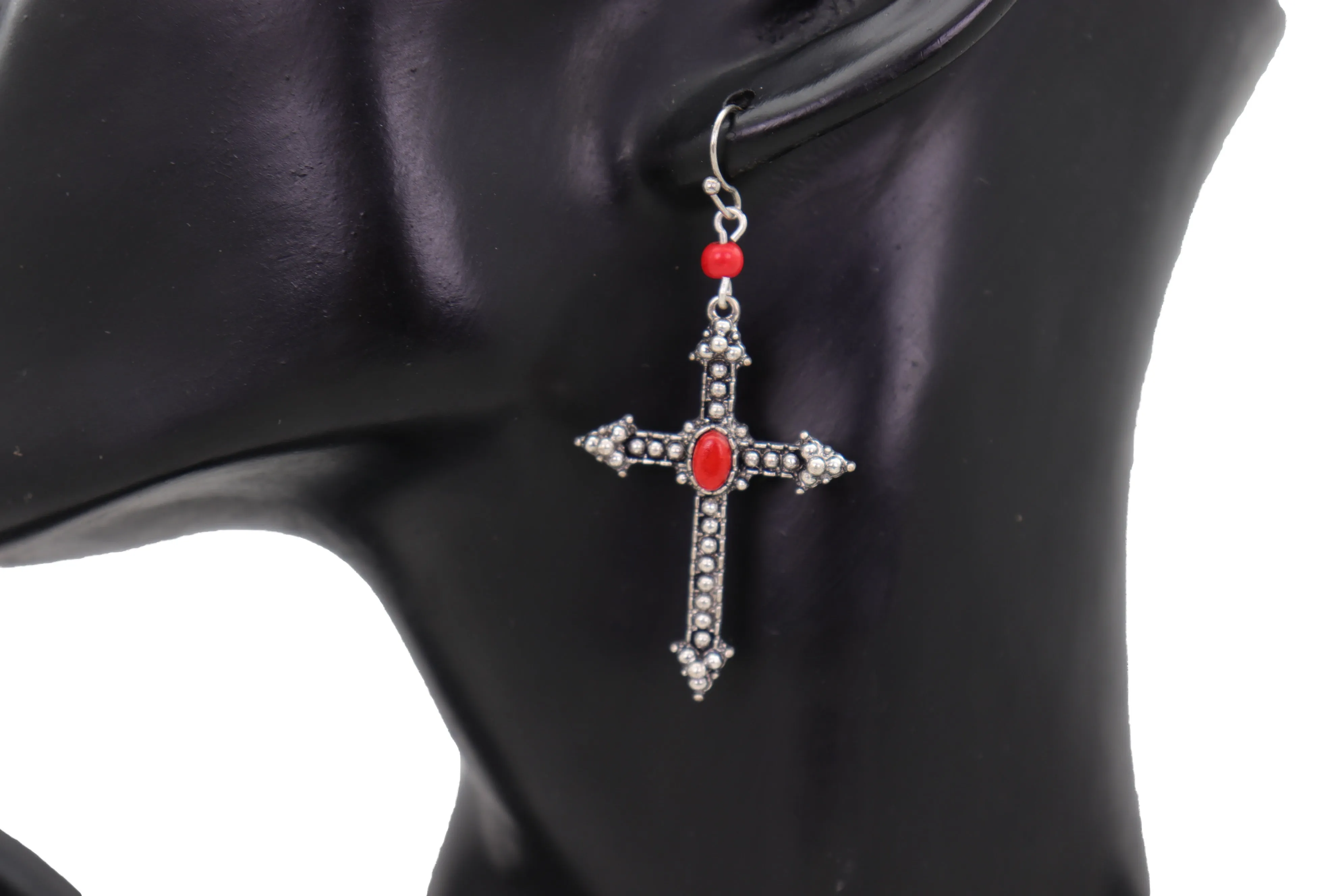 Earrings Set Antique Silver Metal Pointy Cross Religious Red