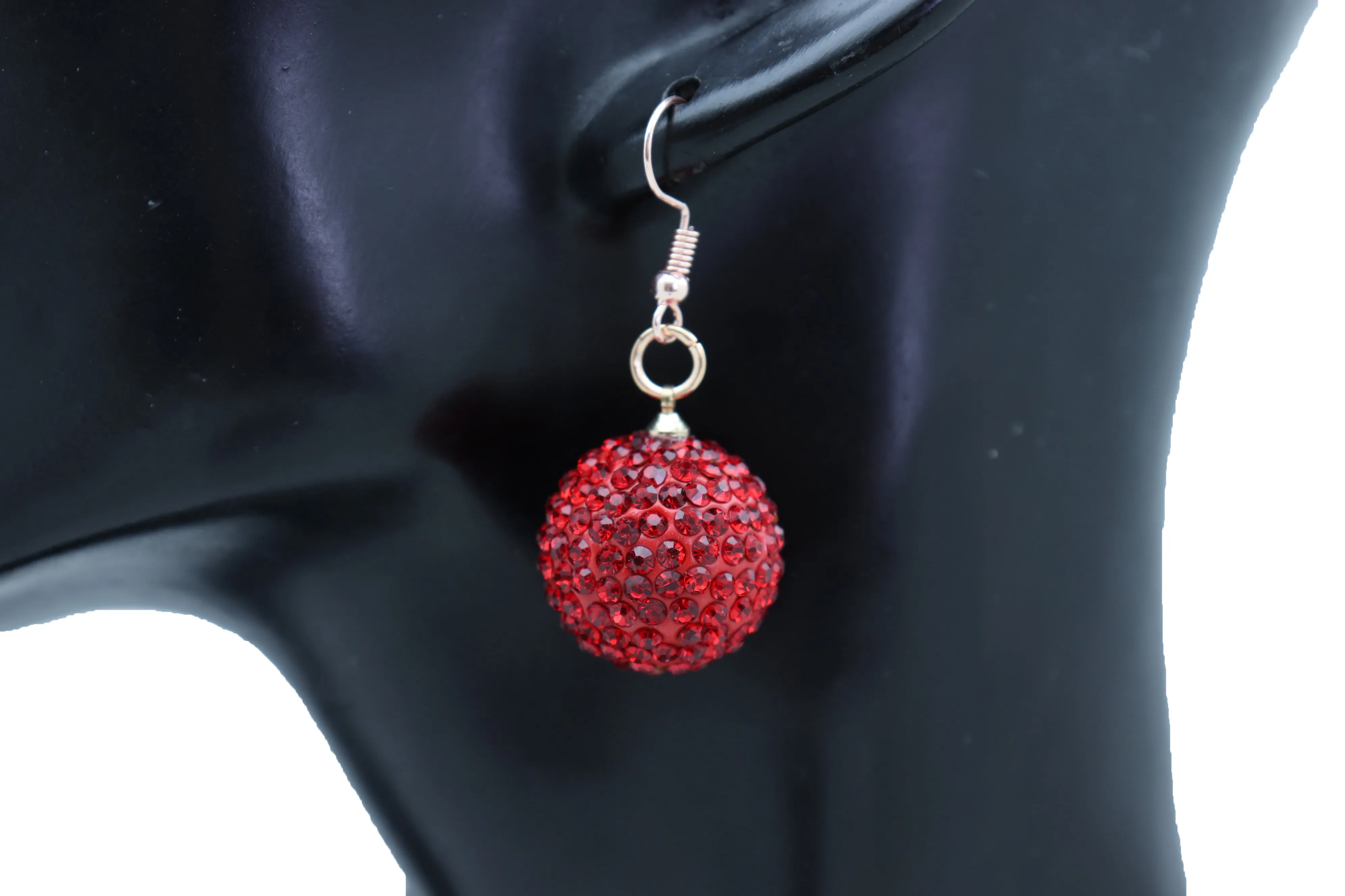 Earrings Set Hook 80's Disco Mini Hot Red Color Bling Ball