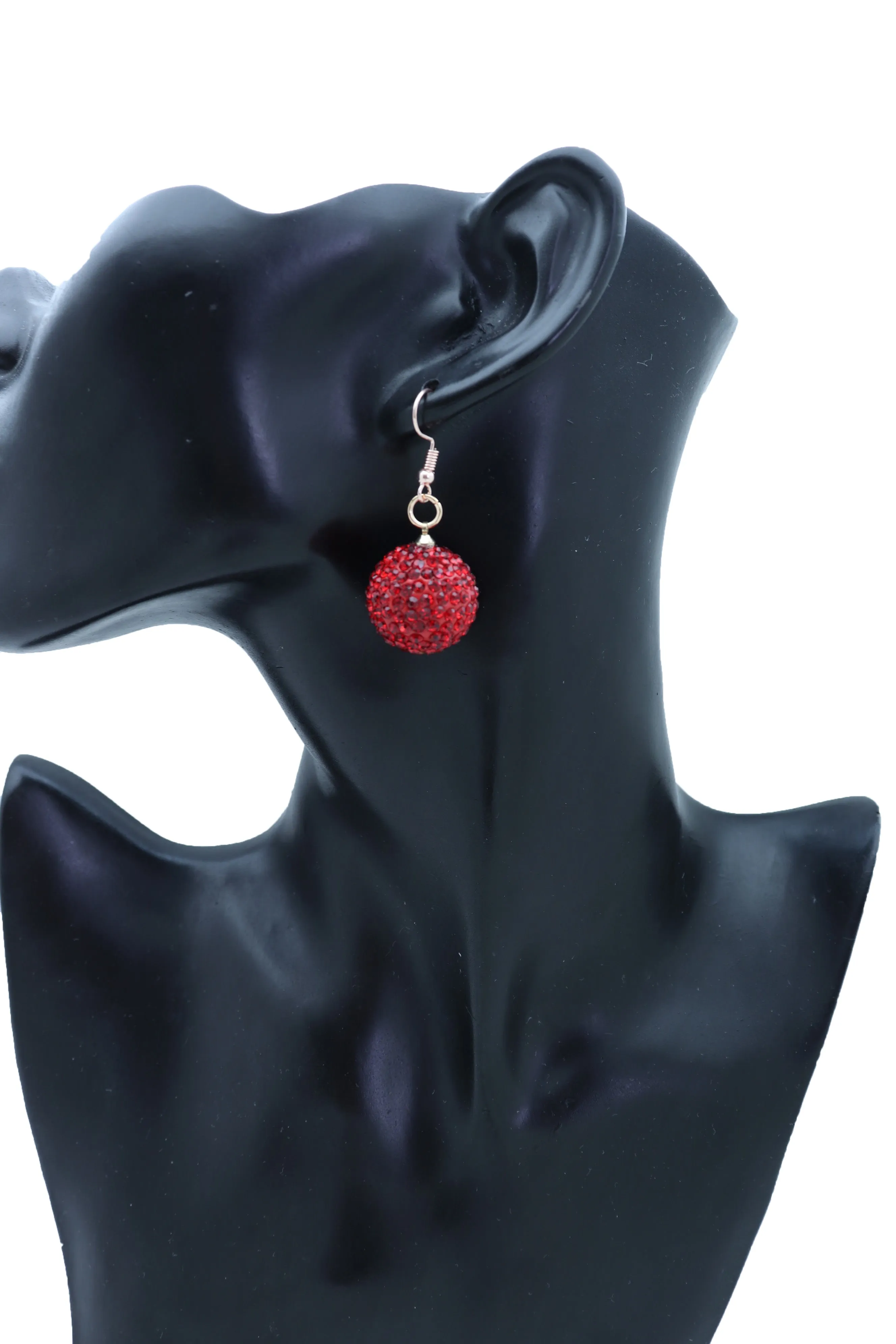 Earrings Set Hook 80's Disco Mini Hot Red Color Bling Ball