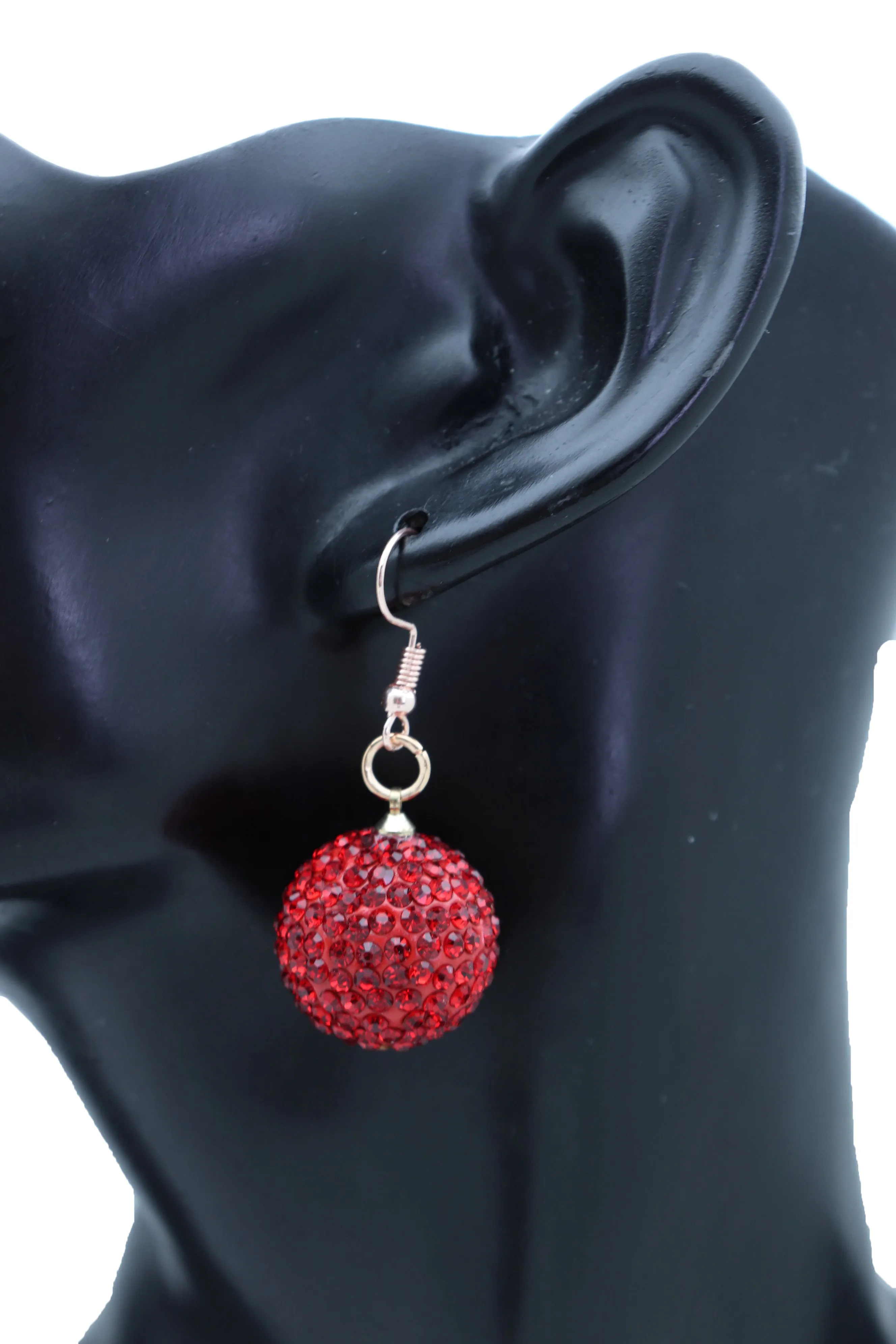 Earrings Set Hook 80's Disco Mini Hot Red Color Bling Ball