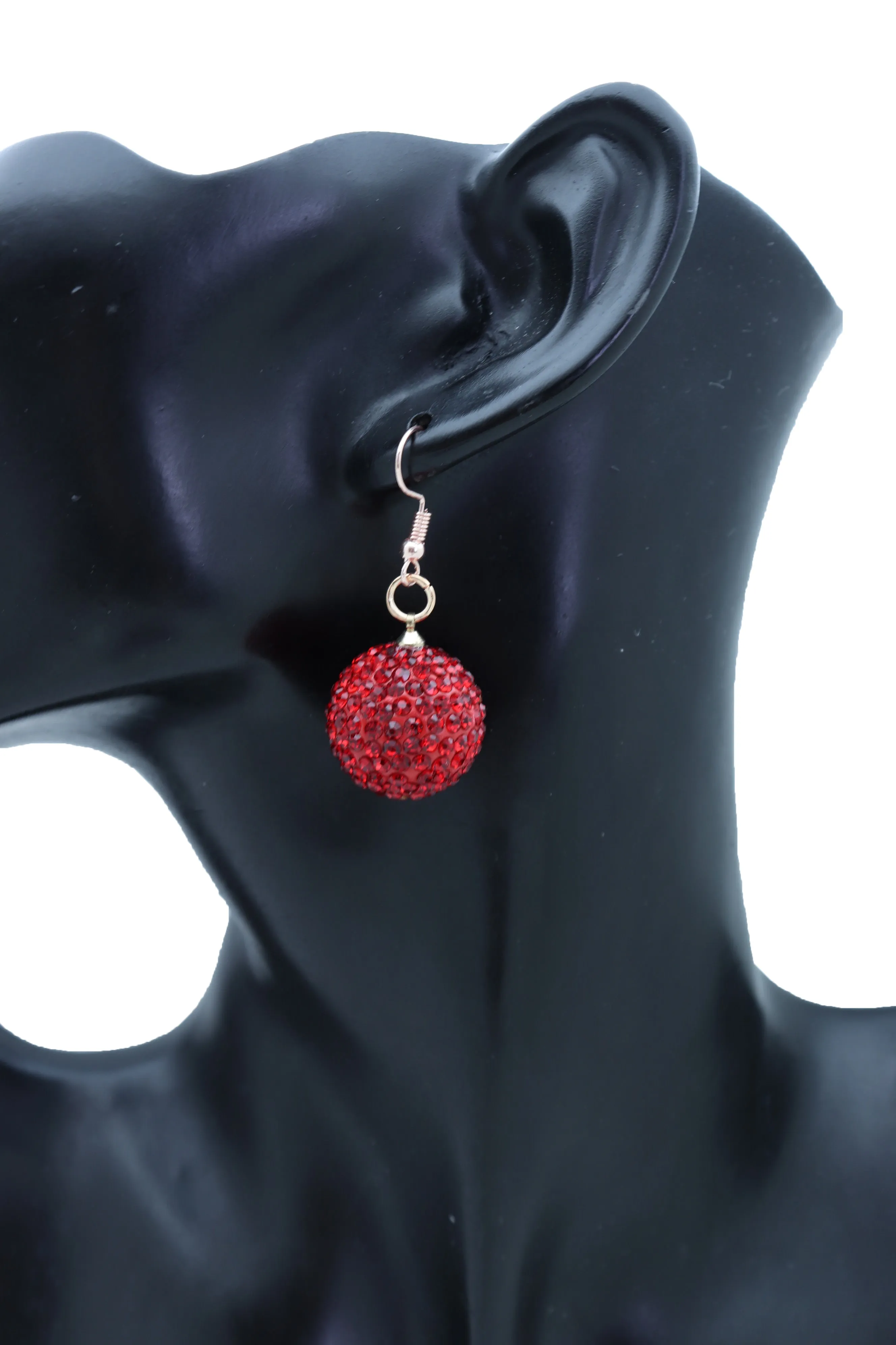 Earrings Set Hook 80's Disco Mini Hot Red Color Bling Ball