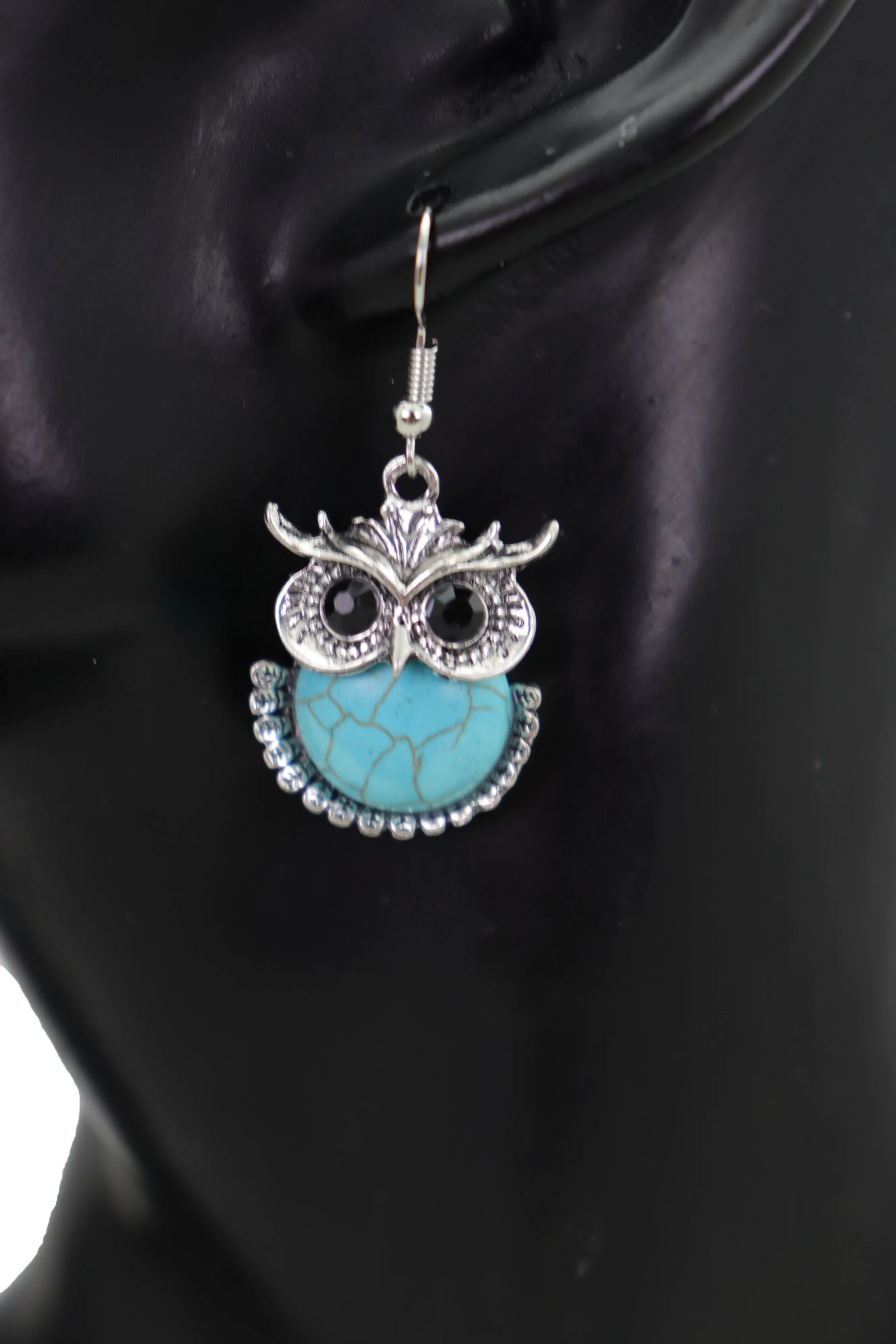 Earrings Set Silver Metal Owl Bird Western Jewelry Turquoise Blue Bead