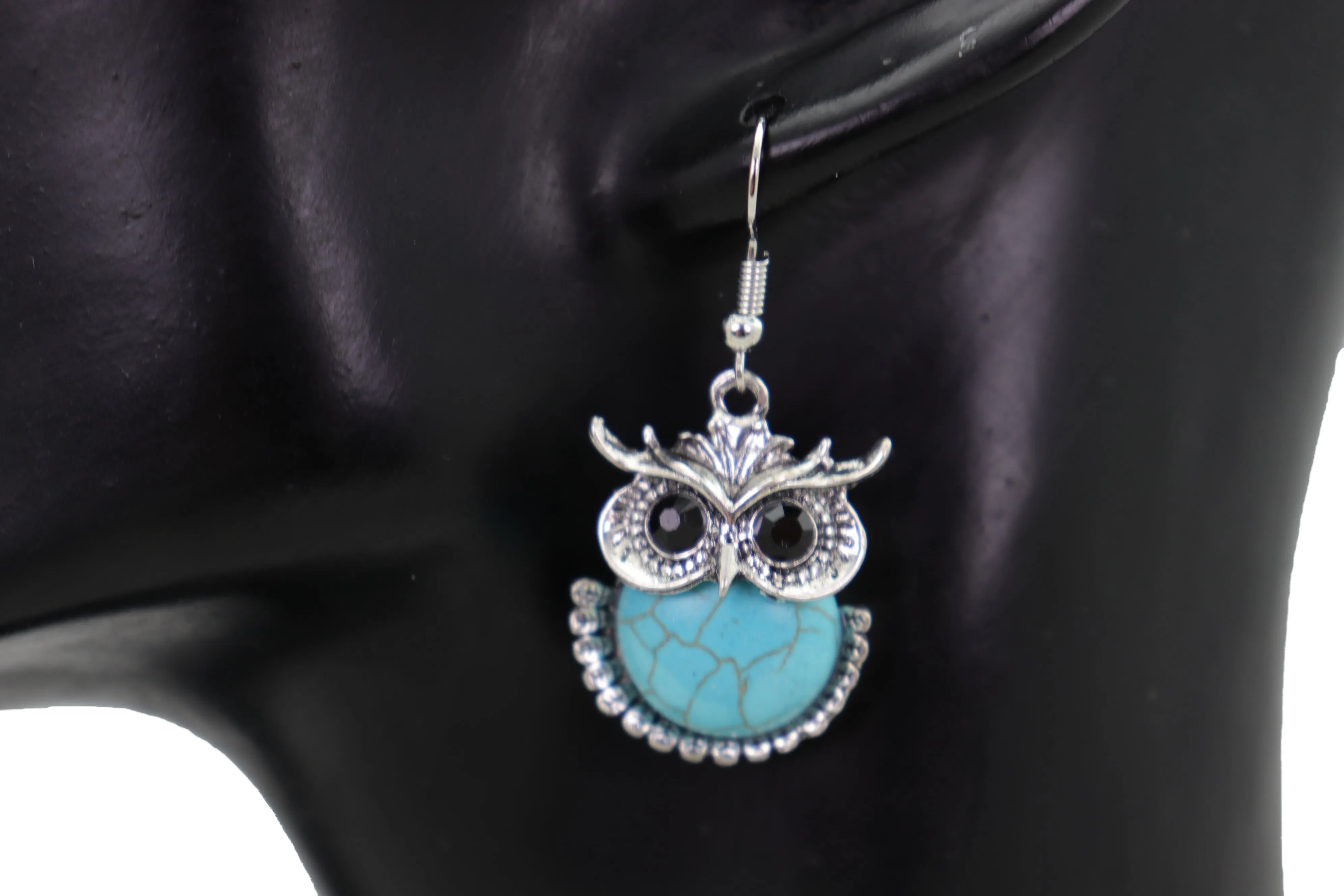 Earrings Set Silver Metal Owl Bird Western Jewelry Turquoise Blue Bead