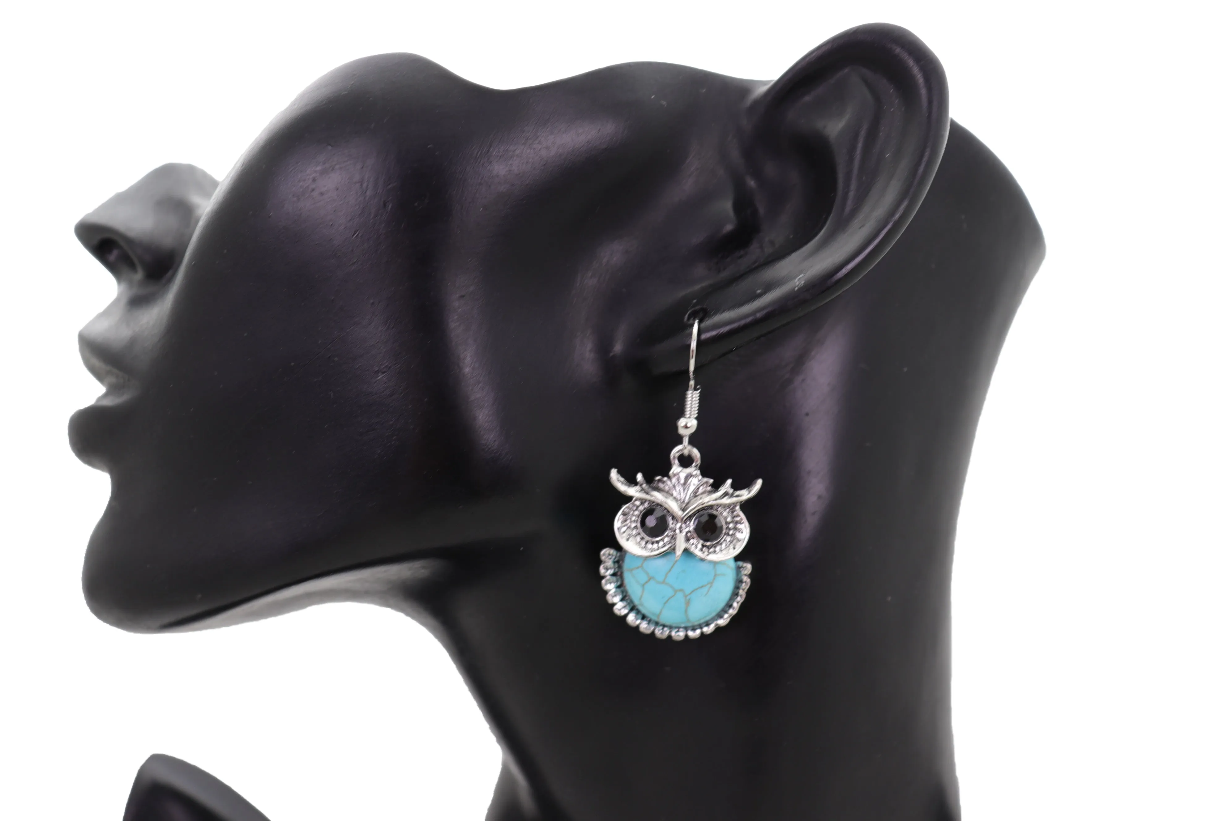 Earrings Set Silver Metal Owl Bird Western Jewelry Turquoise Blue Bead