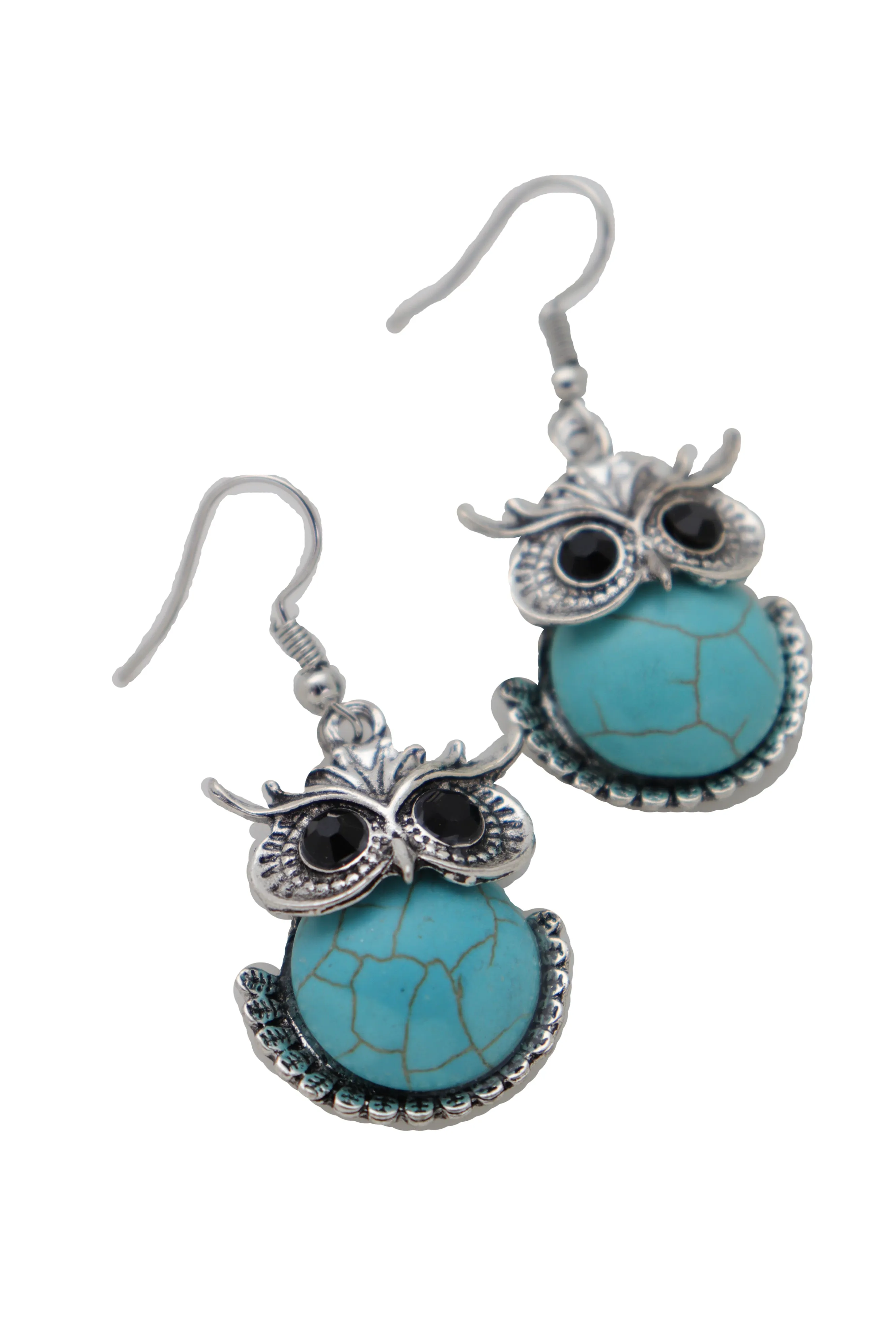 Earrings Set Silver Metal Owl Bird Western Jewelry Turquoise Blue Bead