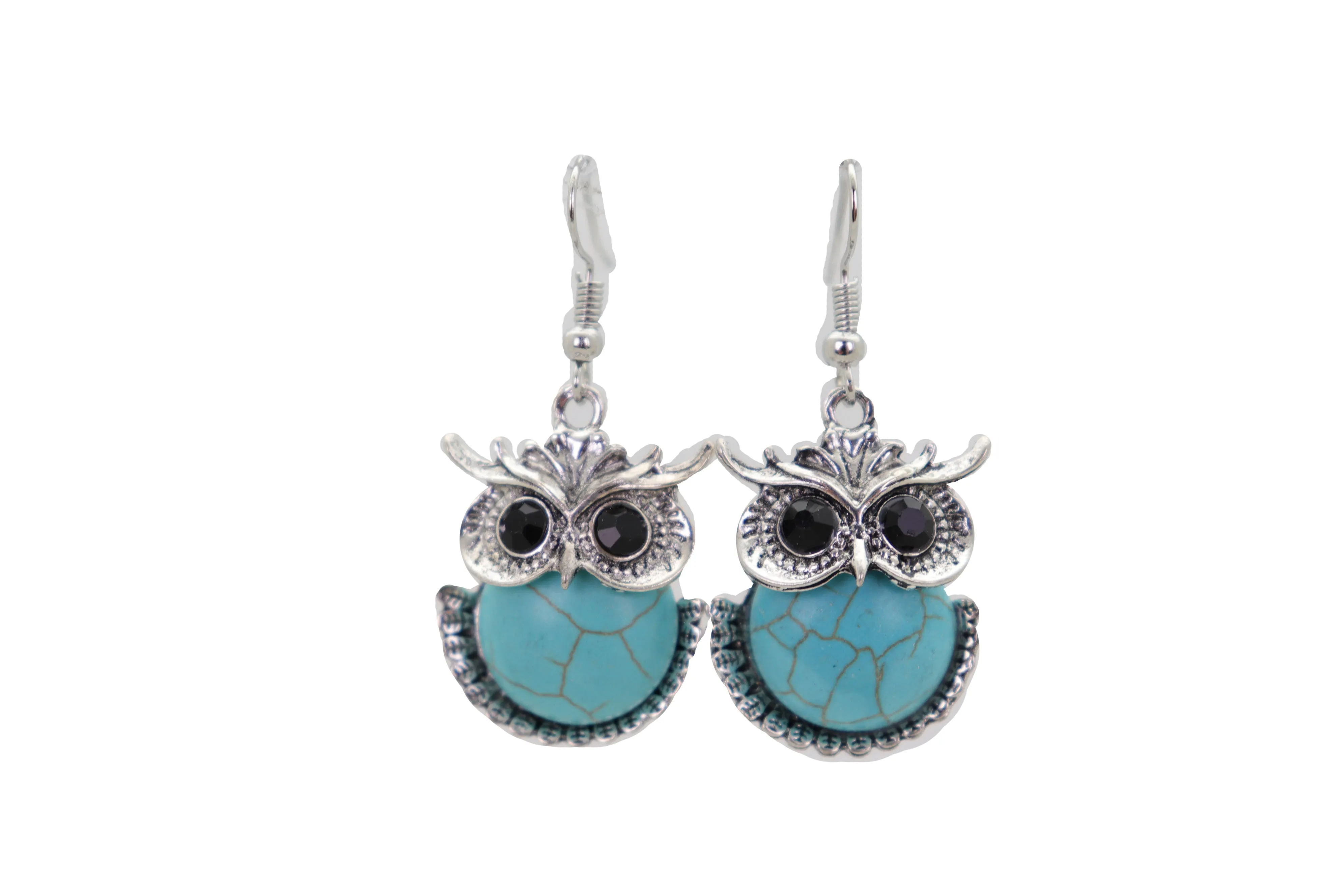 Earrings Set Silver Metal Owl Bird Western Jewelry Turquoise Blue Bead