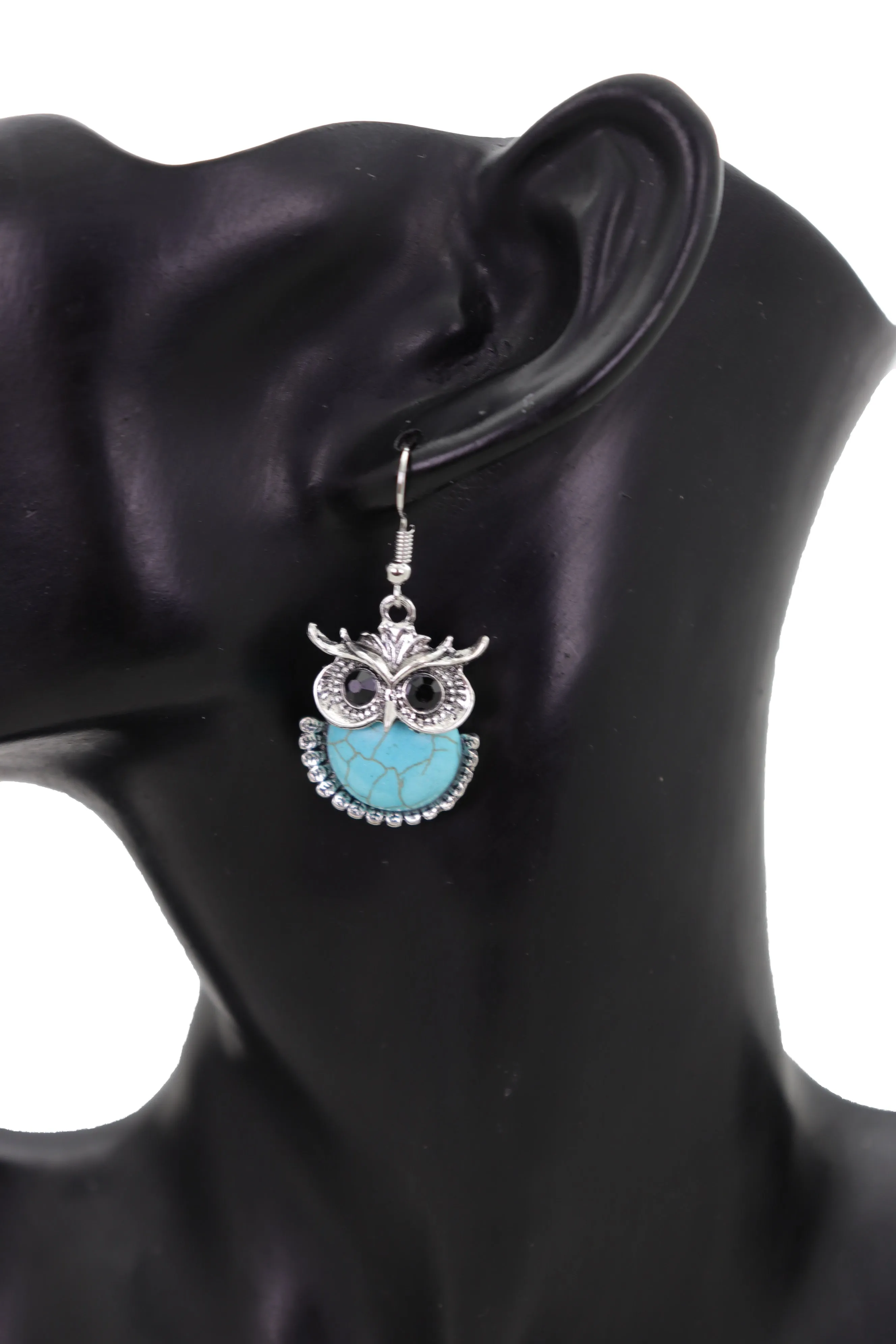 Earrings Set Silver Metal Owl Bird Western Jewelry Turquoise Blue Bead