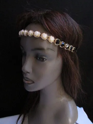 Elastic Head Chain Silver Cream Black White Blue Teal Beads Hair Piece Jewelry Women Wedding