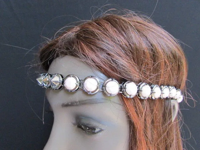 Elastic Head Chain Silver Cream Black White Blue Teal Beads Hair Piece Jewelry Women Wedding