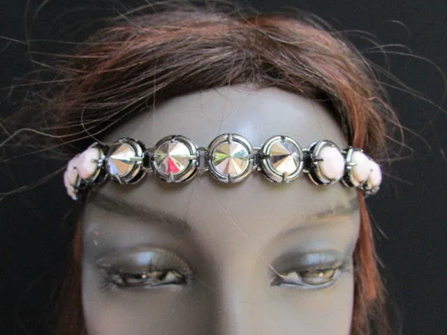 Elastic Head Chain Silver Cream Black White Blue Teal Beads Hair Piece Jewelry Women Wedding