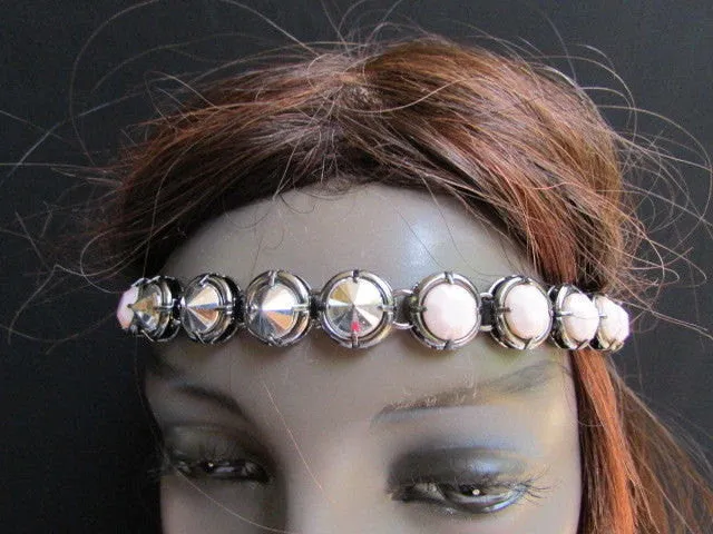 Elastic Head Chain Silver Cream Black White Blue Teal Beads Hair Piece Jewelry Women Wedding