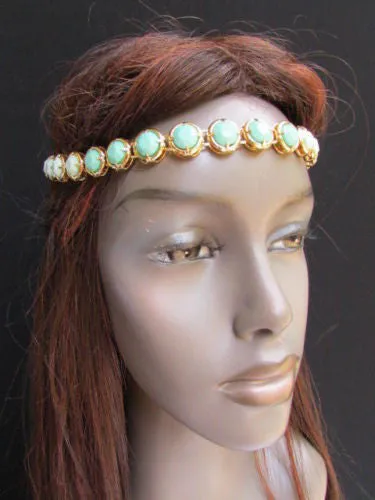 Elastic Head Chain Silver Cream Black White Blue Teal Beads Hair Piece Jewelry Women Wedding