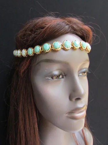 Elastic Head Chain Silver Cream Black White Blue Teal Beads Hair Piece Jewelry Women Wedding