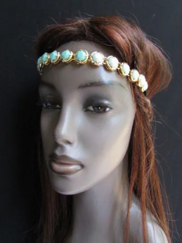 Elastic Head Chain Silver Cream Black White Blue Teal Beads Hair Piece Jewelry Women Wedding