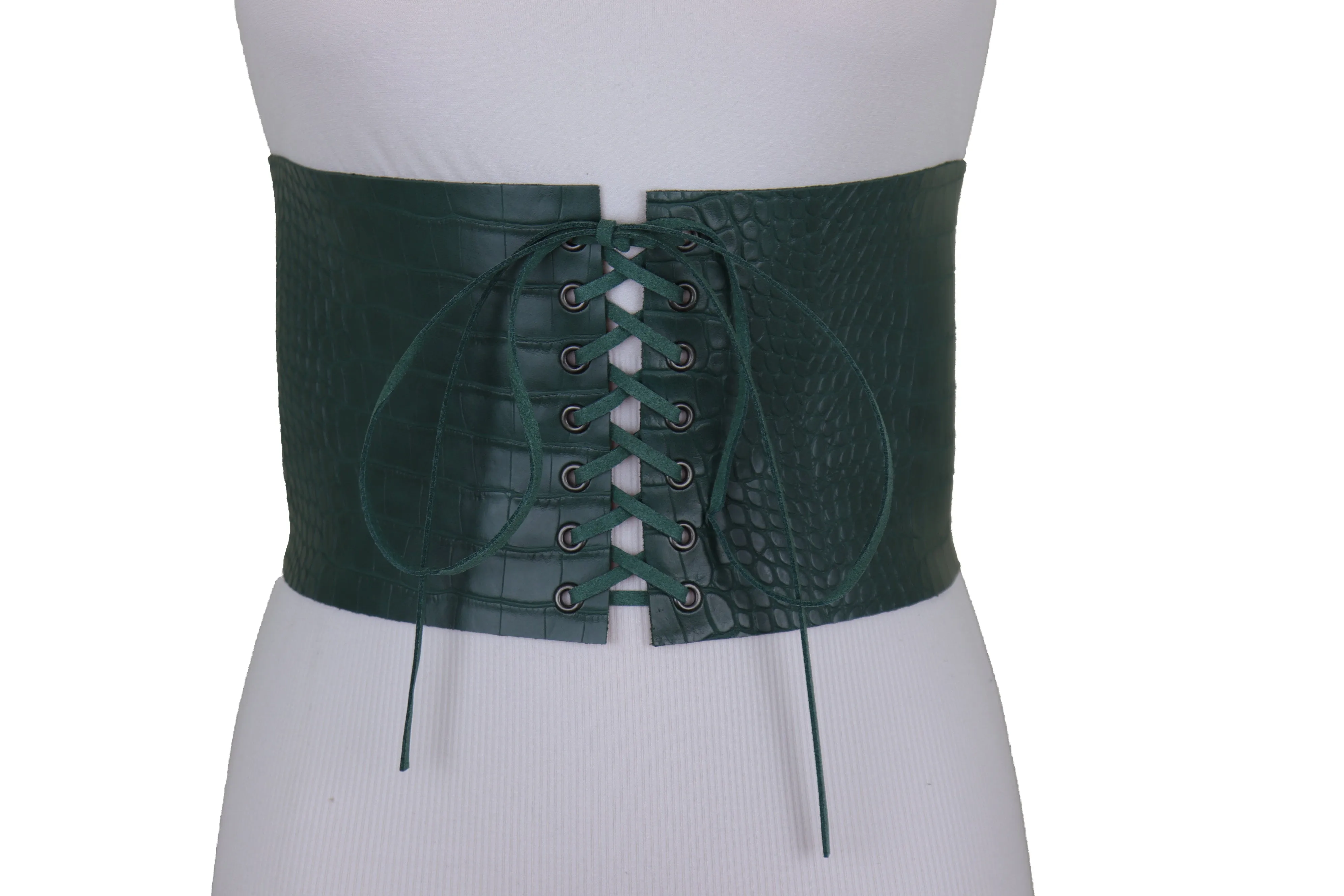 Extra Wide Tie Green Corset Fashion Belt Faux Crocodile Skin Leather M L