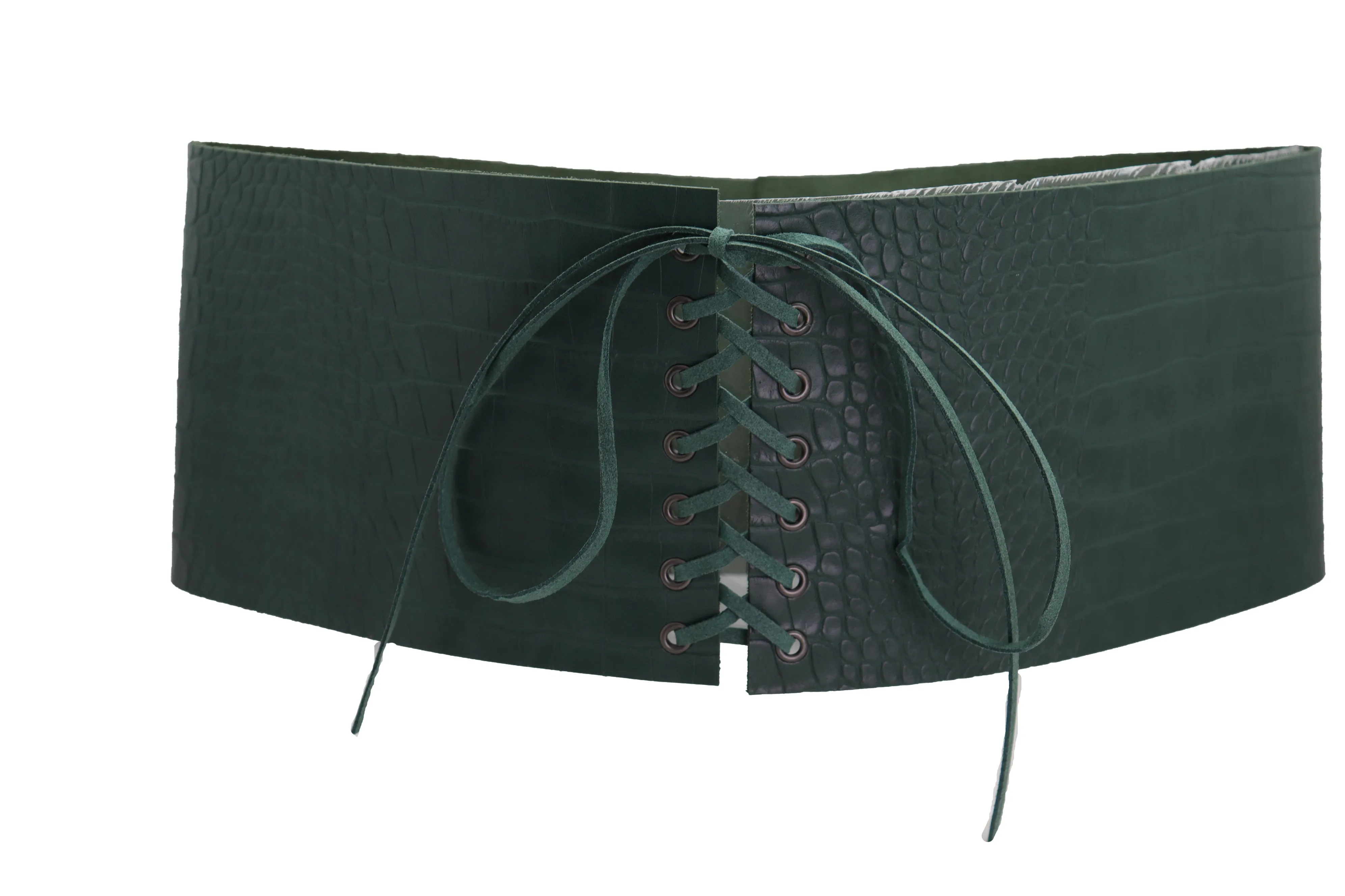 Extra Wide Tie Green Corset Fashion Belt Faux Crocodile Skin Leather M L