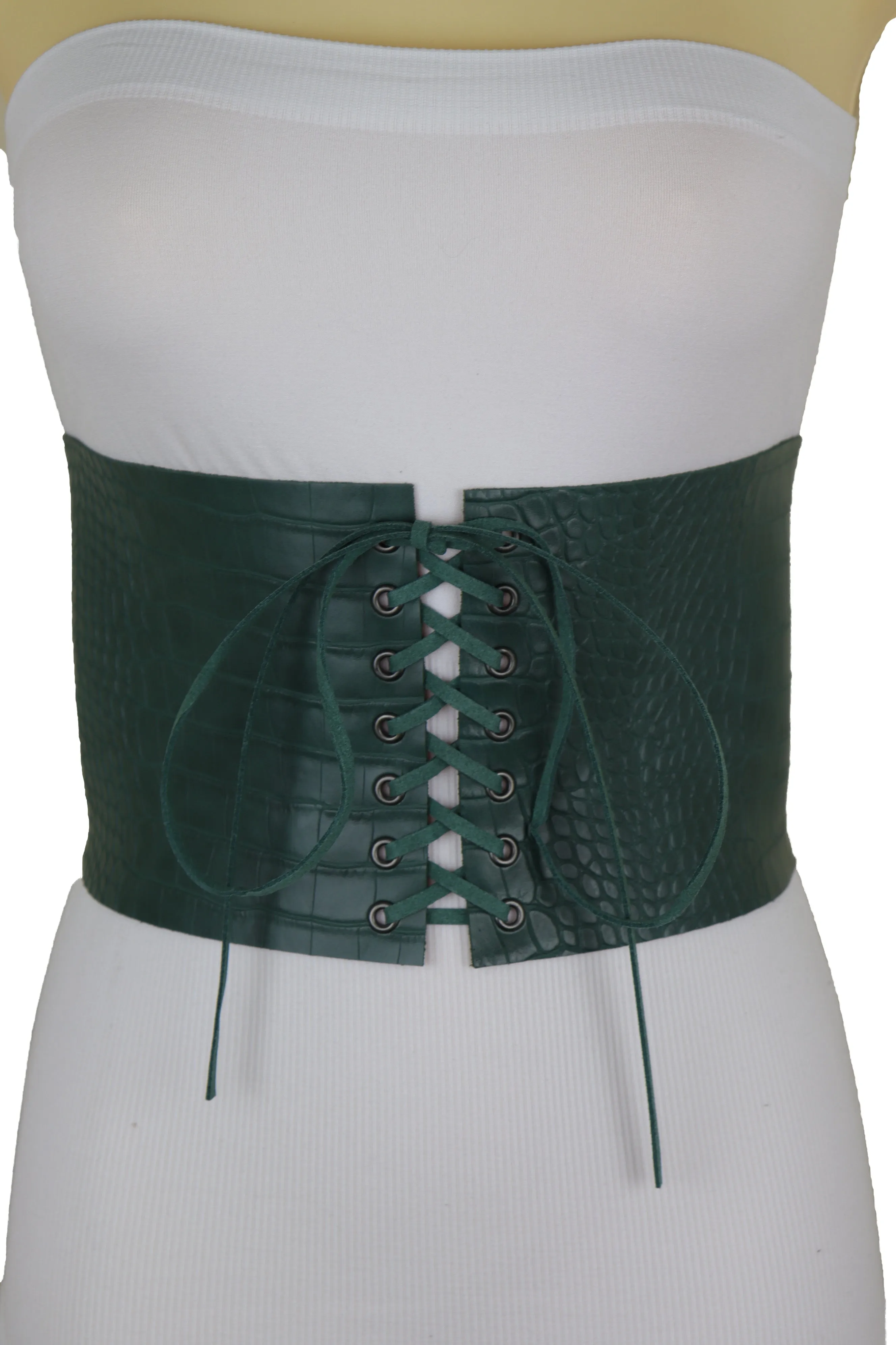 Extra Wide Tie Green Corset Fashion Belt Faux Crocodile Skin Leather M L