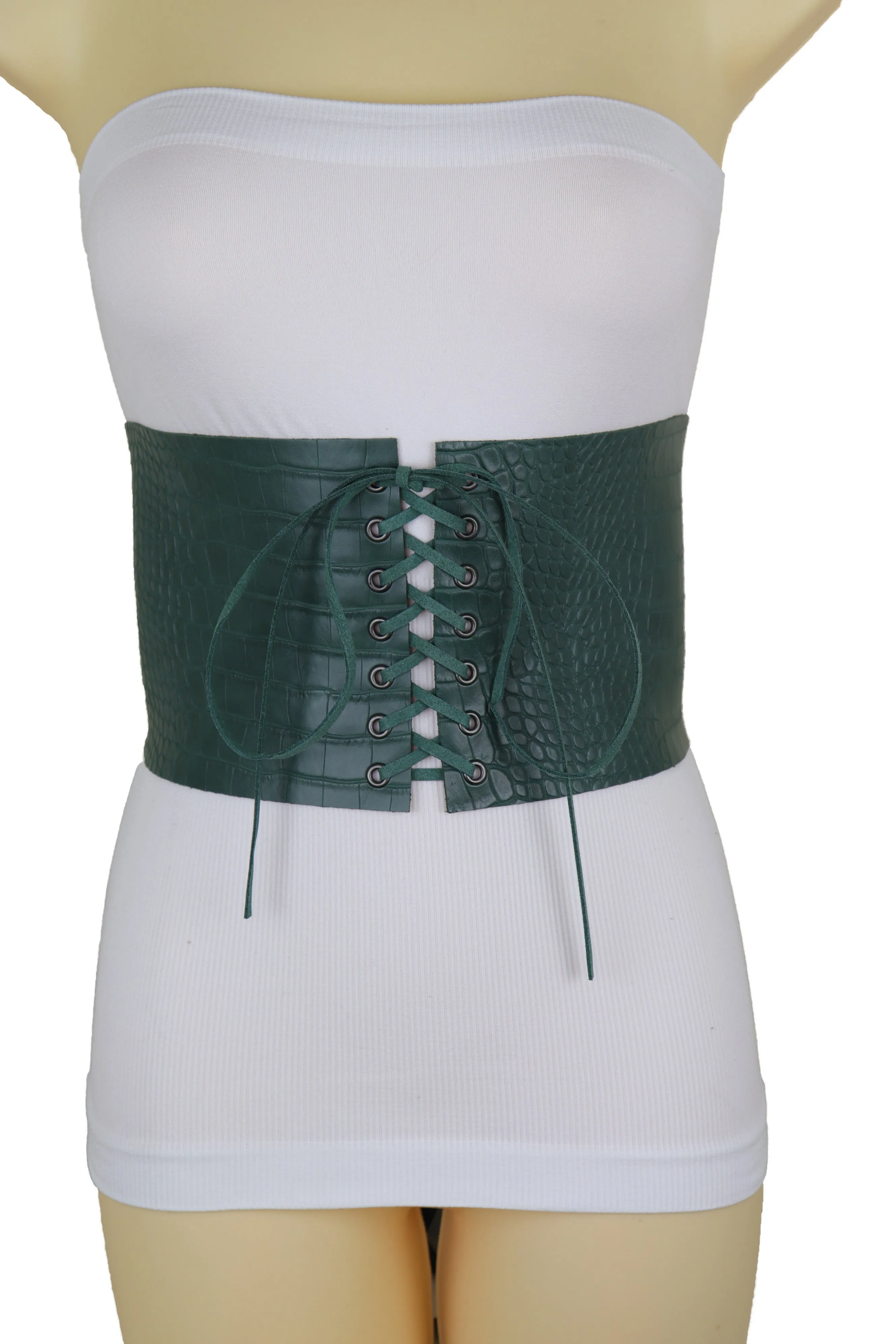 Extra Wide Tie Green Corset Fashion Belt Faux Crocodile Skin Leather M L