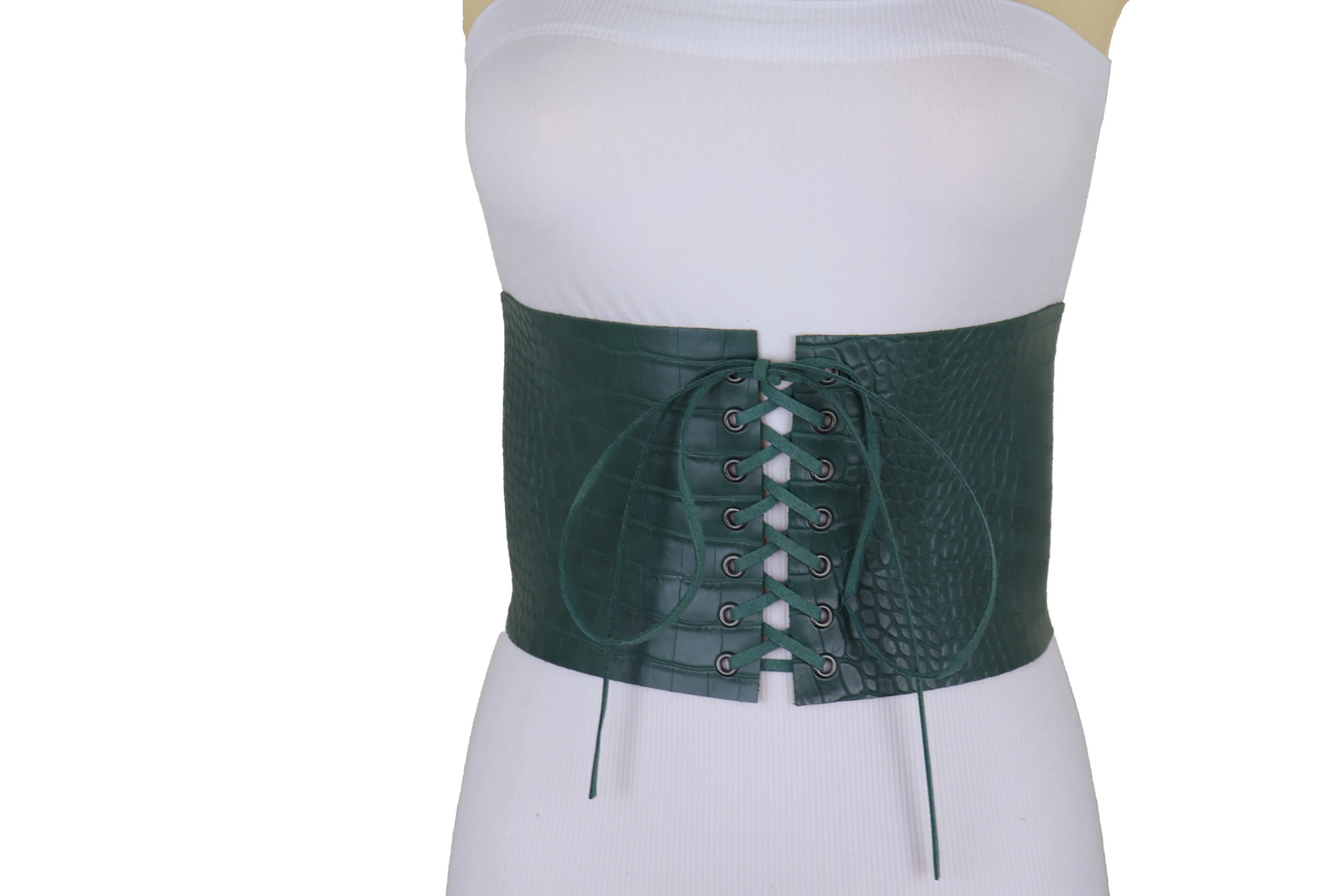 Extra Wide Tie Green Corset Fashion Belt Faux Crocodile Skin Leather M L