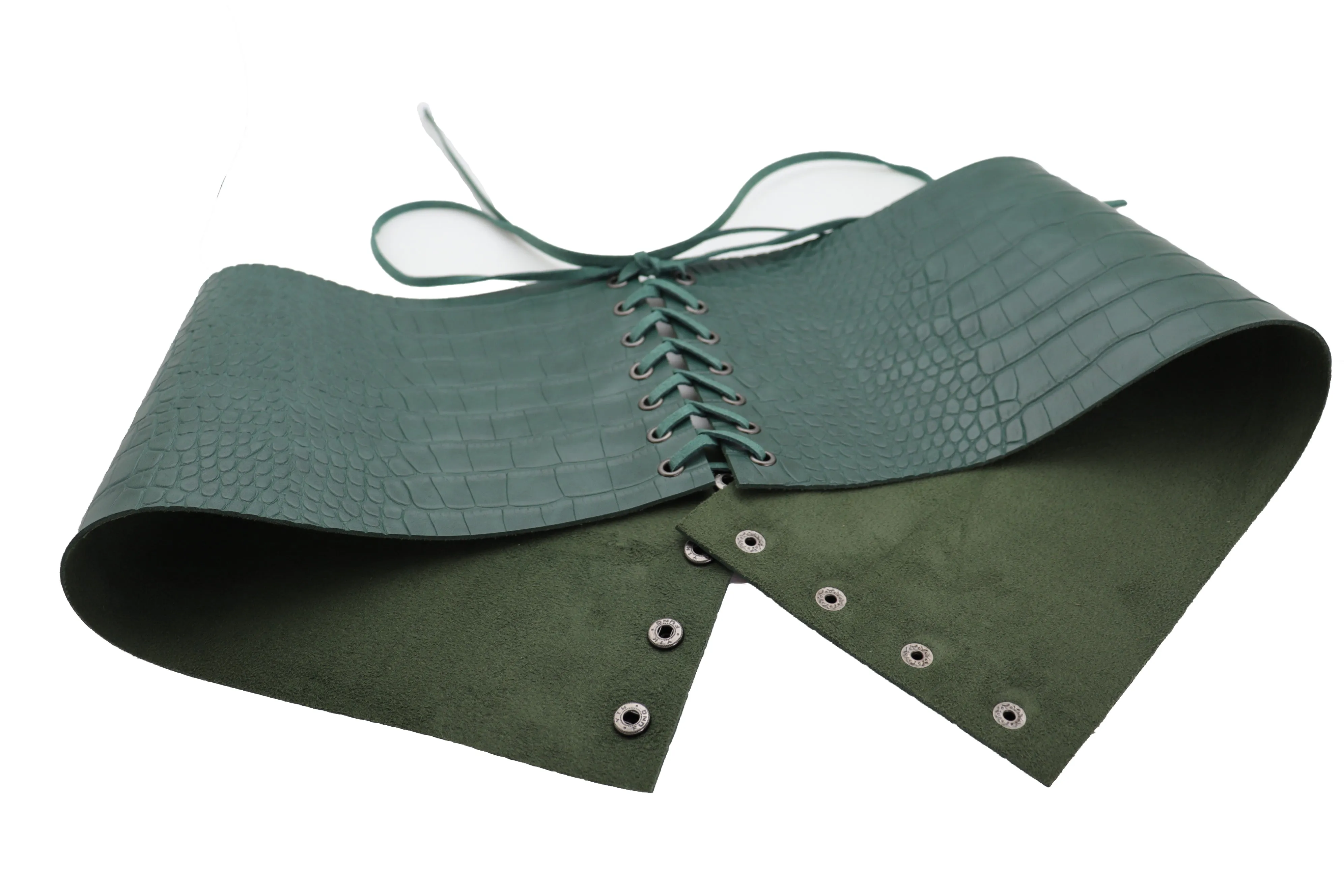 Extra Wide Tie Green Corset Fashion Belt Faux Crocodile Skin Leather M L