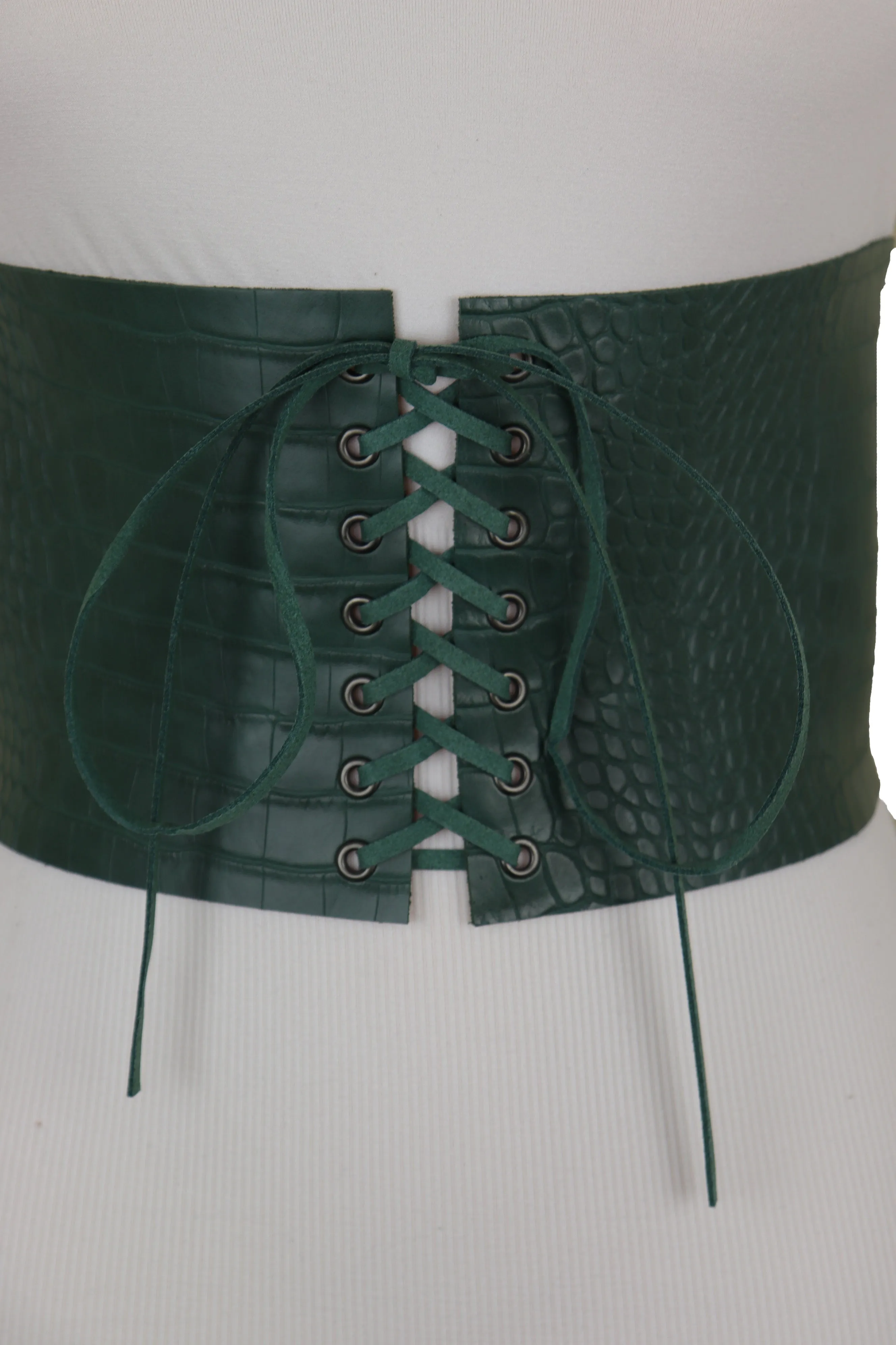 Extra Wide Tie Green Corset Fashion Belt Faux Crocodile Skin Leather M L