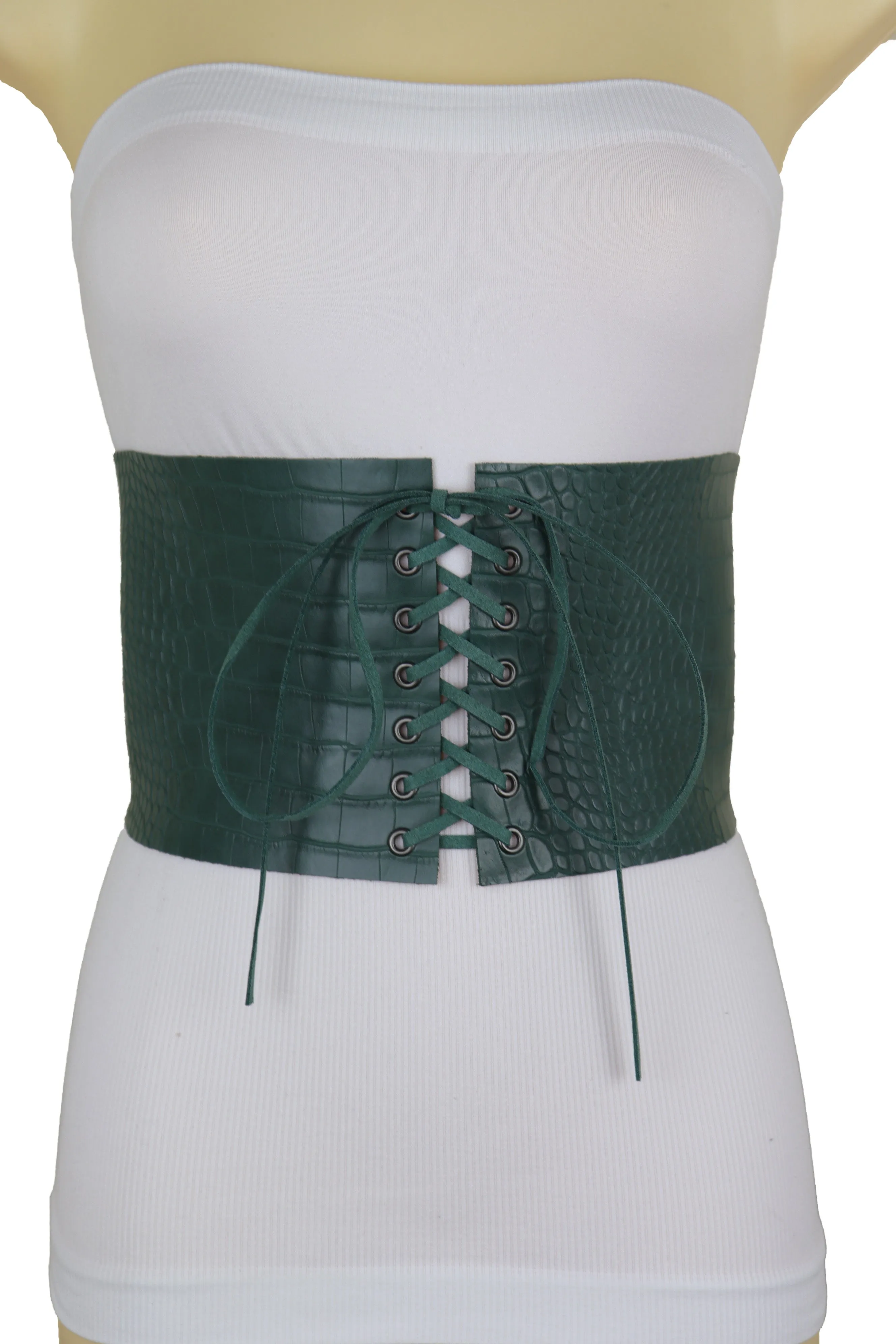 Extra Wide Tie Green Corset Fashion Belt Faux Crocodile Skin Leather M L