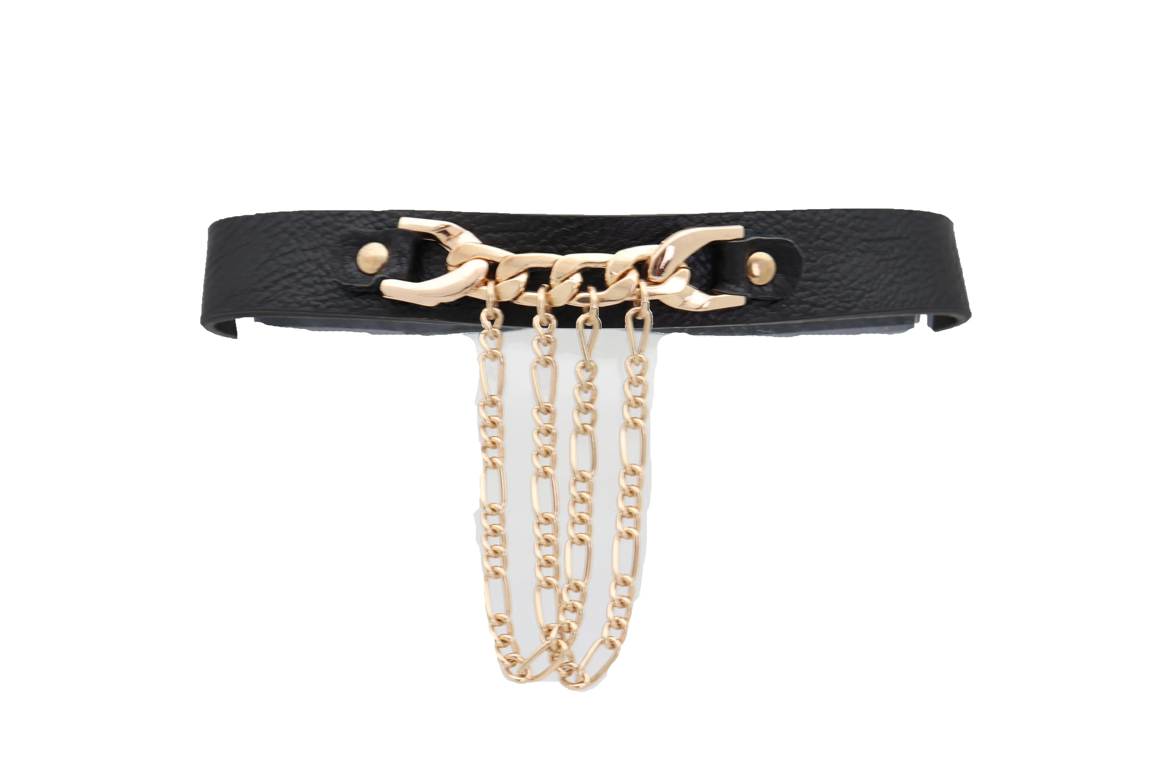 Fashion Gold Metal Chain Links Pendant Black Strap Choker Necklace Jewelry