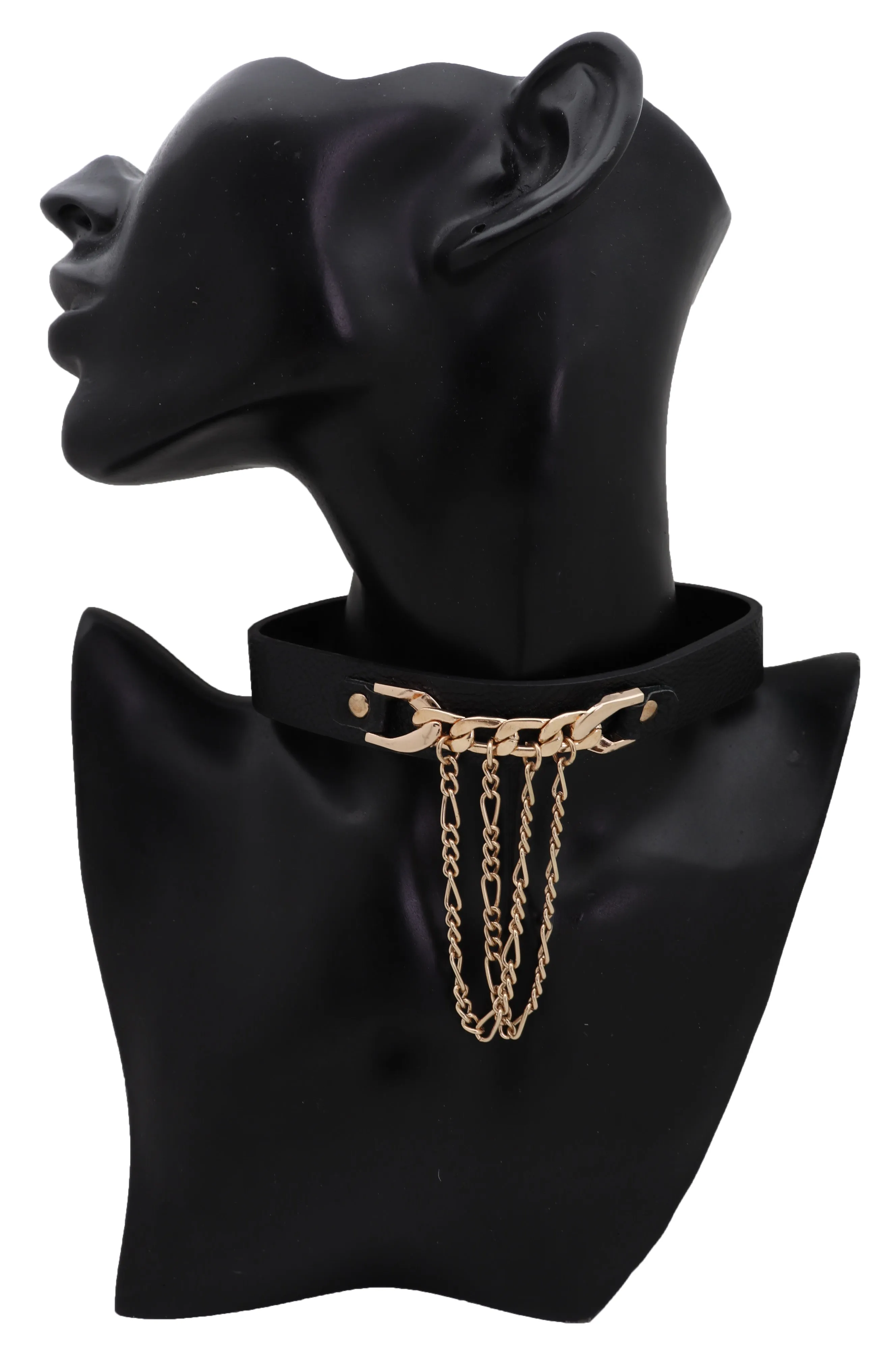 Fashion Gold Metal Chain Links Pendant Black Strap Choker Necklace Jewelry