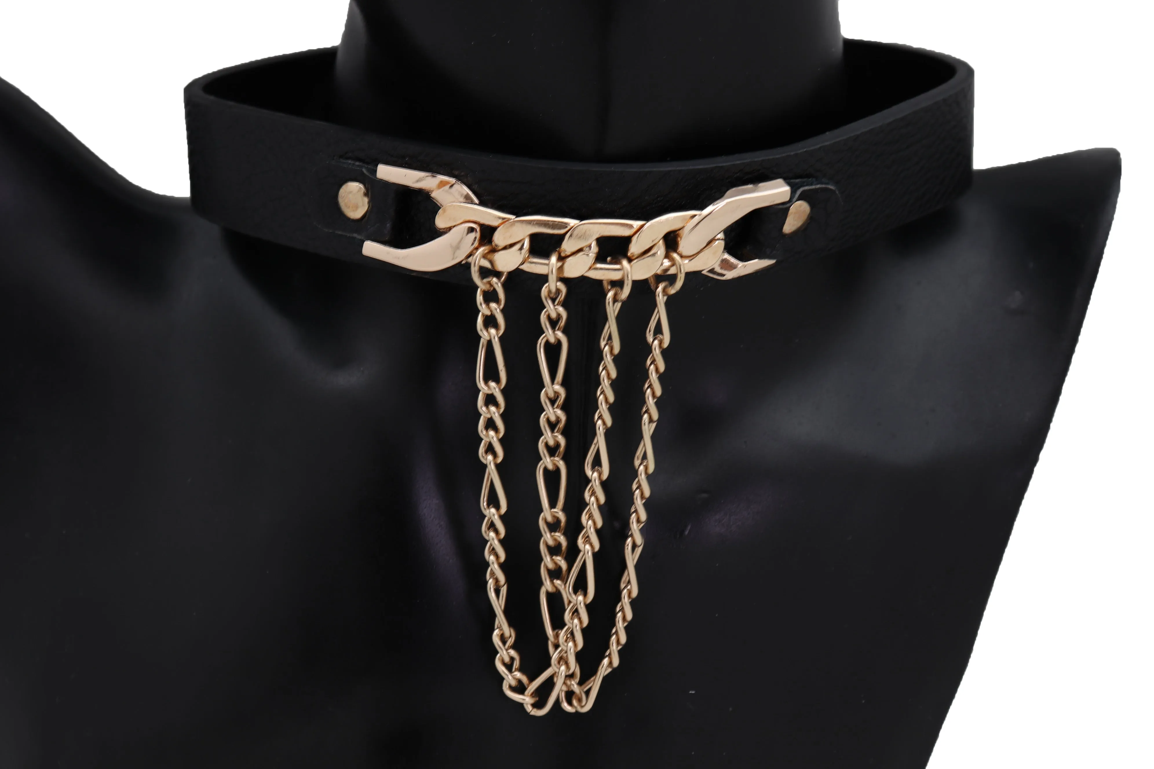 Fashion Gold Metal Chain Links Pendant Black Strap Choker Necklace Jewelry