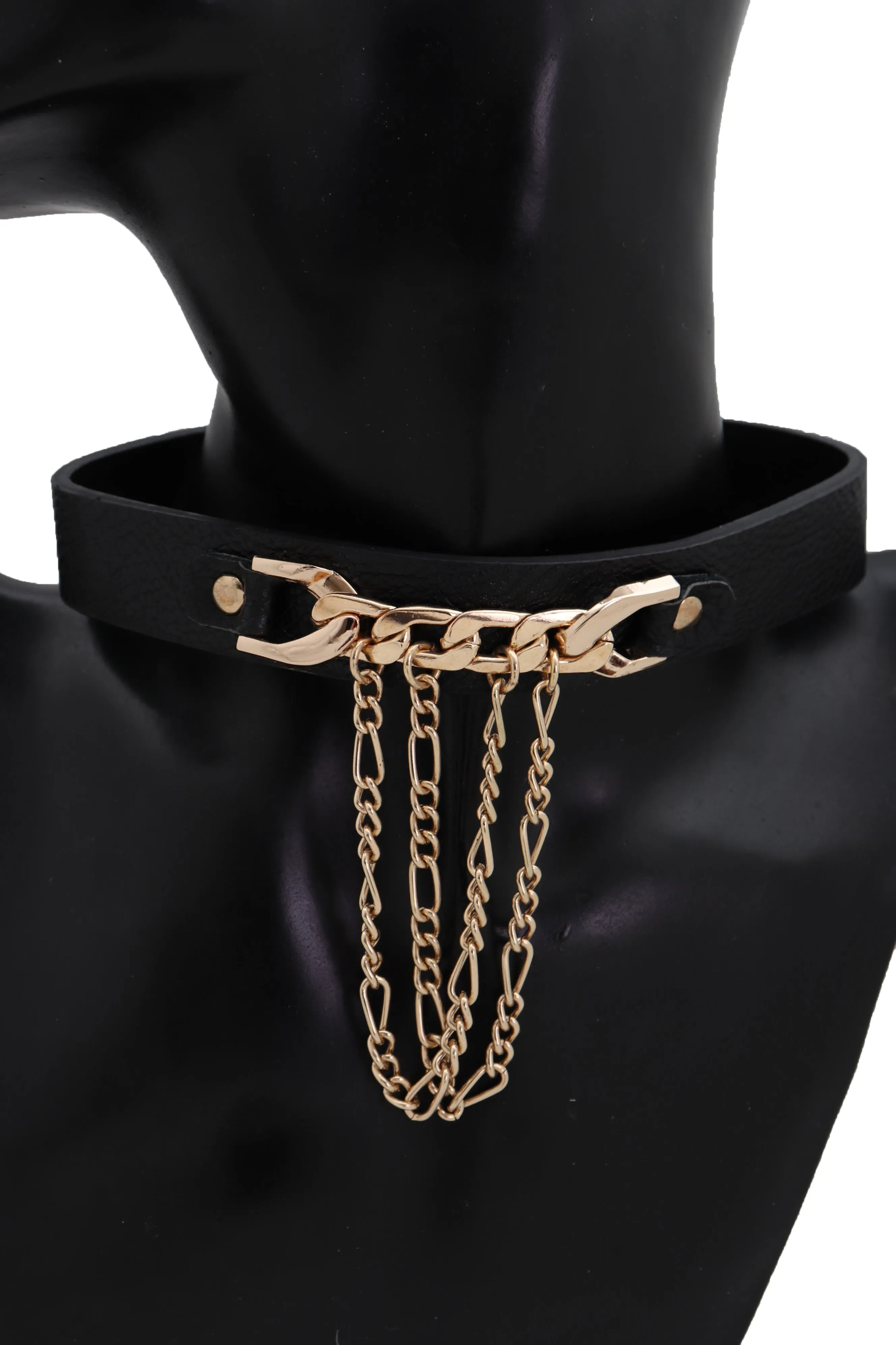 Fashion Gold Metal Chain Links Pendant Black Strap Choker Necklace Jewelry