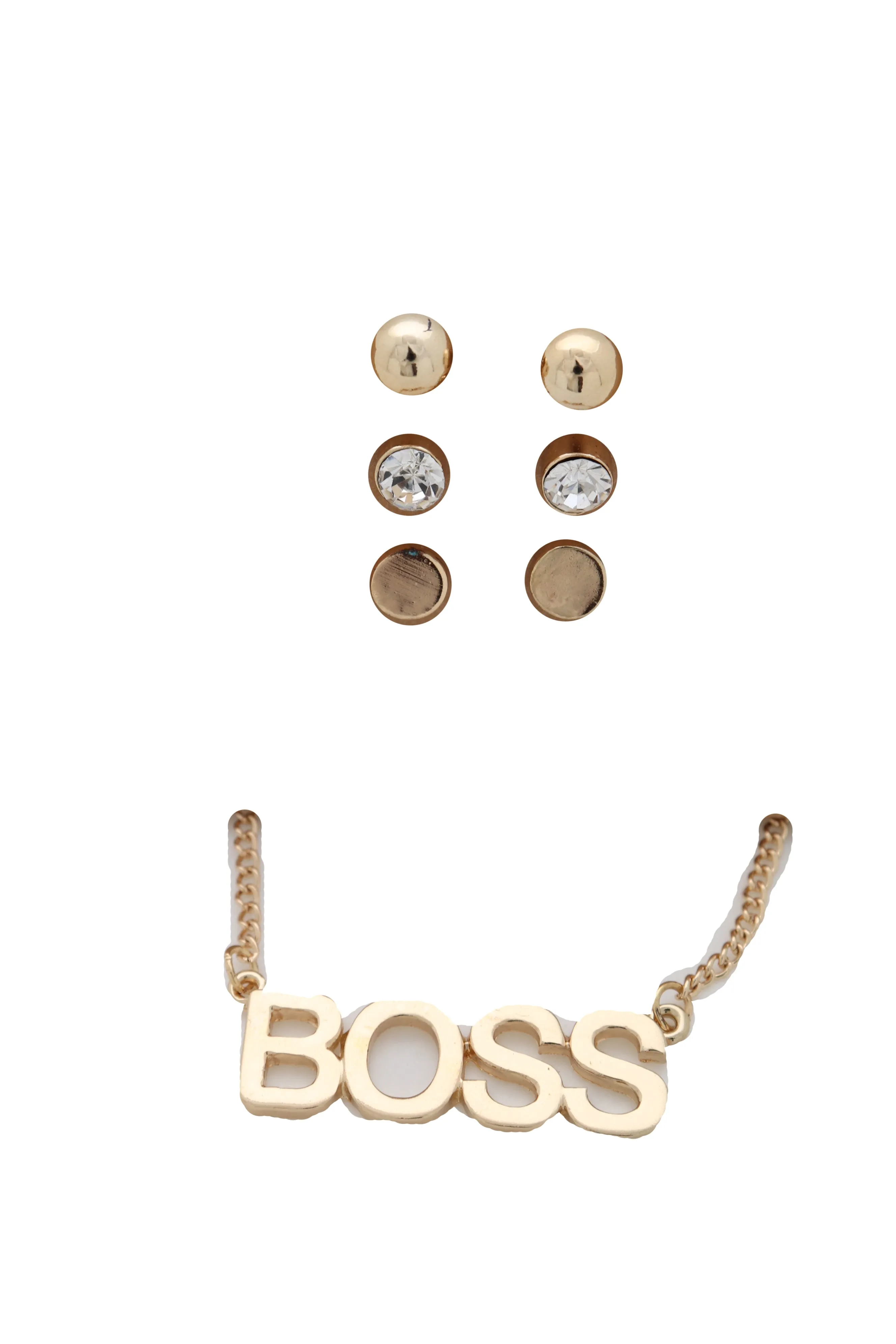 Fashion Necklace Gold Metal Chain BOSS Pendant   Set 3 Different Earring